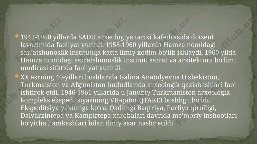 1994 y. g.a. pugachenkova arxeologiya instituti yetakchi ilmiy xodimi bo‘lib ishladi. olimaning sharq xalqlari me’morchilik tarixi, tasviriy va amaliy san’ati tarixi va arxeologiyasiga bag‘ishlangan  , baqtriya, parfiyaning gandhara sanʼatiga qoʻshgan hissalari)ni, qad. sanʼat osori atiqalari (oʻrta osiyo gliptikasi, kdd. haykal-taroshligi va boshqalar) va miniatyura sanʼati (xorijda saqlanayotgan oʻrta osiyoga oid rasmlar va oʻzbekistonda mavjud rasmli qoʻlyozmalarni bezagan mi-niatyuralardan oʻrta osiyo miniatyura maktabiga tegishlilari)ni tadqiq etgan.  fransiyadagi strasburg universitetining faxriy doktori (1976), bokudagi sharq mamlakatlari xalqaro meʼmorlik aka-demiyasi faxriy akademik (1999). hamza (1966) va beruniy (1992) nomidagi oʻzbekiston davlat mukofotlari lau-reati. "doʻstlik" (1995) va "buyuk xizmatlari uchun" (2002) ordenlari bilan mukofotlangan https://uz.wikiludia.com/wiki/strasburg_universiteti https://uz.wikiludia.com/wiki/strasburg_universiteti e’tiboringiz uchun rahmat. slide 2 slide 3 slide 4 slide 5 slide 6 slide 7 slide 8 slide 9 e’tiboringiz uchun rahmat.