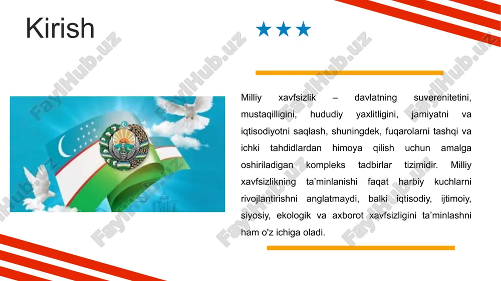 ni tez tarqatish tizimini yaratish muhimdir. iqtisodiy barqarorlik davlatning o‘z iqtisodiy tizimini izchil va samarali boshqarishiga, fuqarolarining farovonligini oshirishga, milliy va xalqaro iqtisodiy aloqalarni mustahkamlashga qaratilgan muhim omildir. iqtisodiy barqarorlikni ta’minlash davlatning ijtimoiy va siyosiy barqarorligini ham qo‘llab-quvvatlaydi. barqaror iqtisodiyot nafaqat iqtisodiy o‘sish, balki inflyatsiya, ishsizlik, davlat qarzi kabi ko‘rsatkichlarni boshqarishni, muammolarni samarali hal qilishni ham o‘z ichiga oladi. iqtisodiy barqarorlik 11 iqtisodiy barqarorlik iqtisodiy barqarorlik milliy xavfsizlikning ajralmas qismidir. barqaror iqtisodiy tizim nafaqat mamlakat ichidagi siyosiy va ijtimoiy tinchlikni ta’minlashga xizmat qiladi, balki xalqaro miqyosda mamlakatning obro‘si va iqtisodiy pozitsiyasini mustahkamlaydi. iqtisodiy barqarorlikning asosiy maqsadi — davlatning o‘z resurslarini samarali boshqarish, iqtisodiy krizislardan holi bo‘lishi, aholi turmush darajasini yaxshilash, ijtimoiy farovonlikni oshirishdir. makroiqtisodiy barqarorlik — iqtisodiyotning umumiy holati, ya'ni inflyatsiya darajasi, milliy daromad o‘sishi, valyuta kursi, davlat qarzi kabi ko‘rsatkichlar bilan bog‘liq. harbiy va mudofaa tizimi milliy xavfsizlikni ta’minlashda harbiy va mudofaa tizimi eng muhim omillardan biridir. bu tizim …