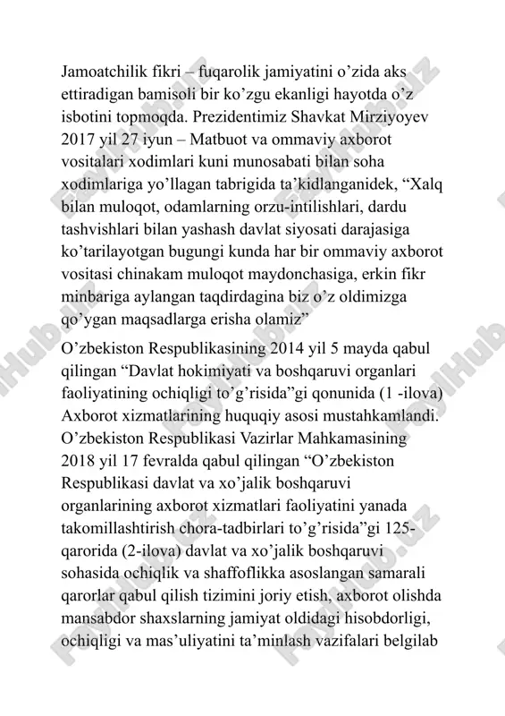 chora-tadbirlar to’g’risida”gi farmonida “davlat organlari, xo’jalik boshqaruvi organlari, davlat korxonalari va tashkilotlari matbuot xizmatlarining jamoatchilik va ommaviy axborot vositalari bilan o’zaro hamkorligi yetarli darajada yo’lga qo’yilmagan”i qayd etilib, o’zbekiston respublikasi prezidenti administratsiyasi huzuridagi axborot va ommaviy kommunikatsiyalar agentligi zimmasiga davlat organlari va boshqa tashkilotlarga ular faoliyatining ochiqligini ta’minlashda, davlat xizmatchilariga ommaviy axborot vositalari bilan ochiq, ommaviy o’zaro hamkorlik qilish madaniyatini singdirishda, shu jumladan, ularning axborot xizmatlari (jamoatchilik bilan ishlash bo’yicha bo’linmalari) faoliyatini muvofiqlashtirish va uslubiy jihatdan ta’minlash orqali ko’maklashish vazifasi ham yuklatildi. bu vazifalar to’la-to’kis bajarilishi uchun avvalo har bir vazirlik, idora, muassasa va tashkilotning axborot xizmatlari ham mas’uldirlar. saida mirziyoyeva o’z nutqida davlat va xo’jalik tashkilotlari axborot xizmatlari faoliyatidagi mavjud kamchiliklar xususida alohida to’xtaldi. sohada ish hajmining ko’p, zamonaviy talablarga javob bera olmayapti. mavjud sharoitlarning yetarli darajada emasligi sabab axborot xizmatlari faoliyati qoniqarsiz ahvolda qolib ketmoqda. o’ndan ortiq respublika darajasidagi tashkilotlar, ko’pgina tuman va shahar hokimliklarida haligacha axborot xizmati …