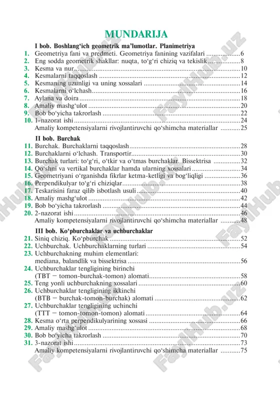 larning parallelligi ................................................................. 78 33. ikki to4g4ri chiziq va kesuvchi hosil qilgan burchaklar ............................... 80 34. ikki to4g4ri chiziqning parallellik alomatlari ............................................... 82 35. ikki to4g4ri chiziqning parallellik alomatlari (davomi) ................................ 84 36. teskari teorema ......................................................................................... 86 37. ikki parallel to4g4ri chiziq va kesuvchi hosil qilgan burchaklar .................. 88 38. masalalar yechish ....................................................................................... 90 39. bob bo4yicha takrorlash ............................................................................. 92 40. 4-nazorat ishi ............................................................................................. 94 v bob. uchburchak tomonlari va burchaklari orasidagi munosabatlar 41. uchburchak ichki burchaklarining yig4indisi haqidagi teorema ................. 98 42. uchburchak tashqi burchagining xossasi .................................................. 100 43. masalalar yechish ..................................................................................... 102 44. to4g4ri burchakli uchburchakning xossalari .............................................. 104 45. to4g4ri burchakli uchburchaklarning tenglik alomatlari ........................... 106 46. masalalar yechish ..................................................................................... 108 47. burchak bissektrisasining xossasi .............................................................. 110 48. uchburchakning tomonlari va burchaklari orasidagi munosabatlar .......... 112 49. uchburchak tengsizligi ............................................................................. 114 50. bob bo4yicha takrorlash ........................................................................... 116 51. 5-na
