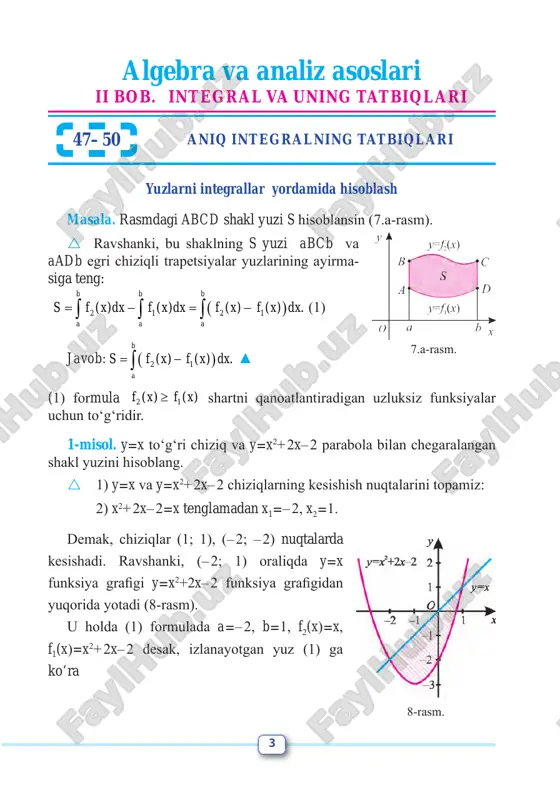 r, markazi (r; o) nuqtada bo‘lgan doiraning cho- rak qismini ox o‘qi atrofida aylantirishdan (13-rasm) hosil qilinadigan shakl sharning yarmidir. bizning holda mos aylana tenglamasi 2 2 2( )x r y r− + = bo‘ladi, bundan 22 ,y rx x= − [0; ].x r∈ (2) formulaga ko‘ra 3 2 2 3 0 1 2(2 ) ( ) , 02 3 3 r shar rxv rx x dx rx r= π ⋅ − = π ⋅ − = π∫ demak, 34 . 3sharv rπ= p 13-rasm. 14-rasm. 12-rasm. 6 shar segmentining hajmi. 14-rasmda oa=r, o1a=h (segmentning balandligi) bo‘lsin. doira segmentini uning balandligi atrofida aylanishidan shar segmenti hosil bo‘ladi (14-rasm.) shar segmentining hajmini hisoblash shar hajmini topish kabi bo‘ladi, bu holda integrallash [0; h] kesma bo‘yicha bajariladi: 3 2 2 2 3 0 1(2 ) ( ) ( ). 03 3 h segment hxv rx x dx rx rh h= π ⋅ …