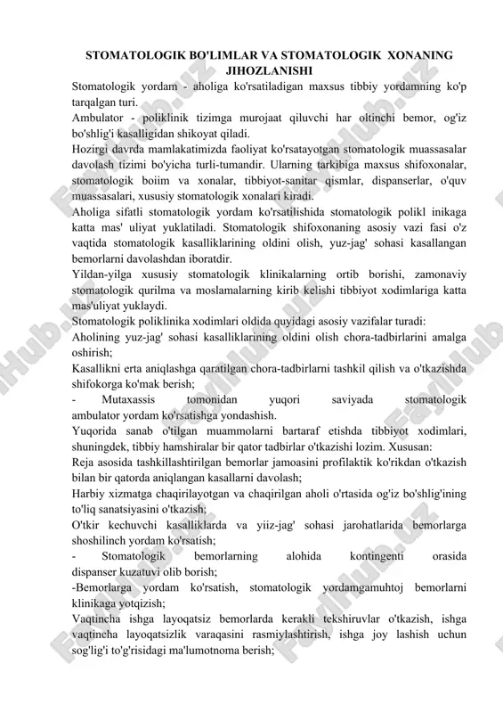 vchi moslamasi, gidroterapiya asboblari bilan. 4. vrach uchun kreslo yonidagi stolcha. (agar stomatologik uskunaning uzida instrumentlar uchun kulay stolchasi bulsa uning xojati yuk). 5. kasallik tarixi va boshka xujjatlarni yuritish uchun kanselyar stoli. 6. yozuv stoli- xamshiralar uchun 7. stullar. 8. ishlatilgan asboblarni yuvish uchun rakovina va uning yonida instrumentlar kuyish uchun tumbochka. 9. amalgama koruvchi uskuna uchun tumbochka va maxsus shkaf (vityajnoy). 10. steril instrumentlar uchun stol. 11. dori - darmonlar va plomba ashyolari uchun stol. 12.a va b gurux dorilarni saklashga muljallangan eshigi kulflanadigan shkafcha. stomatologik bo'limlar va stomatologik xonaning jihozlanishi stomatologik yordam - aholiga ko'rsatiladigan maxsus tibbiy yordamning ko'p tarqalgan turi. ambulator - poliklinik tizimga murojaat qiluvchi har oltinchi bemor, og'iz bo'shlig'i kasalligidan shikoyat qiladi. hozirgi davrda mamlakatimizda faoliyat ko'rsatayotgan stomatologik muassasalar davolash tizimi bo'yicha turli-tumandir. ularning tarkibiga maxsus shifoxonalar, stomatologik boiim va xonalar, tibbiyot-sanitar qismlar, dispanserlar, o'quv muassasalari, xususiy stomatologik xonalari kiradi. aholiga sifatli stomatologik yordam …