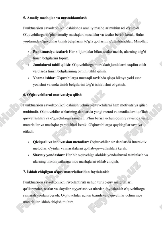 nikalarni qo'llab- quvvatlashlari va o'quvchilarga samarali ta'lim berish uchun doimiy ravishda yangi materiallar va mashqlar yaratishlari kerak. o'qituvchilarga quyidagilar tavsiya etiladi:  qiziqarli va innovatsion metodlar: o'qituvchilar o'z darslarida interaktiv metodlar, o'yinlar va masalalarni qo'llab-quvvatlashlari kerak.  shaxsiy yondashuv: har bir o'quvchiga alohida yondashuvni ta'minlash va ularning imkoniyatlariga mos mashqlarni ishlab chiqish. 7. ishlab chiqilgan o'quv materiallaridan foydalanish punktuatsion savodxonlikni rivojlantirish uchun turli o'quv materiallari, qo'llanmalar, testlar va slaydlar tayyorlash va ulardan foydalanish o'quvchilarga samarali yordam beradi. o'qituvchilar uchun tizimli va o'quvchilar uchun mos materiallar ishlab chiqish muhim. xulosa boshlang'ich ta'limda punktuatsion savodxonlikni oshirish uchun yuqoridagi tavsiyalarni qo'llash samarali bo'ladi. bu usullar o'quvchilarga tinish belgilarini to'g'ri va samarali ishlatishni o'rgatish, yozma nutqni aniq va tushunarli ifodalashni rivojlantirishga yordam beradi. o'qituvchilar o'z darslarida bu tavsiyalarni qo'llab-quvvatlab, o'quvchilarga punktuatsion savodxonlikni mustahkamlashda samarali yordam bera olishadi. 1. punktuatsion belgilarning maqsadini tushuntirish 2. darslarni qiziqarli va interaktiv qilish 3. jumlalarni to'g'ri qurish ko'nikmalarini rivojlantirish …