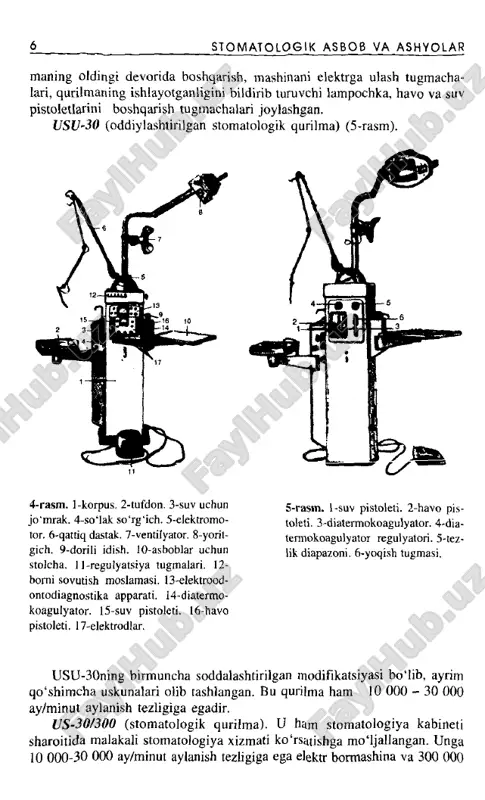 kabineti sharoitida malakali stomatologiya xizmati ko'rsutishga m o‘ljaliangan. unga 10 000-30 000 ay/minut aylanish tezligiga ega elektr bormashina va 300 000 ay/minut tezlik quvvatli turbinali bormashina joylashtirilgan. yoritgichi lm uzoqlikdan ish maydoniga 80001k ga teng yoruqlik beradi. bu qurilmada ham suv va havo uchun pistoletlar, kompressor, ventilya- tor, tufdon kabilar mavjud. us-10/100 (stomatologik qurilma). u us-30/300 qurilmasining yana- da qulaylashtirilgan turi bo‘lib, uning barcha elementlari bir kolonkaga jamlangan. us-30-02 (stomatologik qurilma) (6-rasm) bu yanada qulaylashtirilgan qurilma bo‘lib, uning funksional imkoniyat- lari yanada yaxshilangan, ergonomik talablarga javob berish darajasi oshi- rilgan, foydalanish imkoniyatlari takomillashtirilgan. usp-30/300 (pnevmatik stomatologik qurilma) (7-rasm). kichik hajmli qurilma, p-sifat metall ramkaga o‘matilgan, oyoqlari yordamida harakatla- nadi. turbinali dastagi 300000 dan 500000 ay/minutgacha aylanish tezligi- ga ega, suv va havo uchun pistoletlari mavjud, oyoq pedali yordamida harakatga keltiriladi. 6-rasm . 1-qattiq dastak. 2-suv va havo pistoleti. 3-dori flakoni. 4-yorit- qich. 5-yoqish tugmasi. 6-so‘lak so 'rg 'ich. 7-tufdon. 8-tepki. …