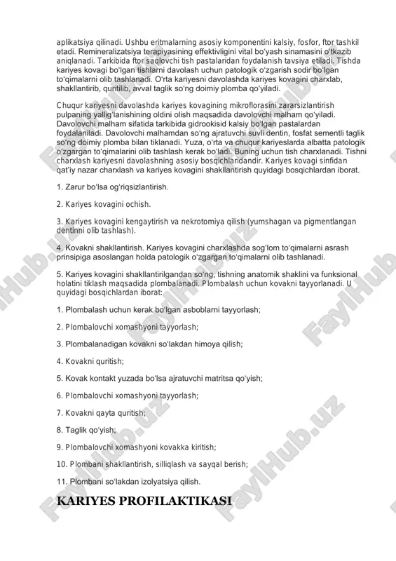 n g‘adirbudurliligi aniqlanadi. o‘rta kariyesni aniqlashda ponasimon nuqson, eroziya, surunkali periodontit bilan solishtirma tashxis o‘tkaziladi. gipoplaziya, eroziya, ponasimon nuqson belgilari yuqorida bayon etildi. surunkali pereodontit bilan solishtirma tashxis o‘tkazilganda quyidagilarga e’tibor beriladi. o‘rta kariyesni charxlaganda sezuvchanlik emal dentin chegarasida mavjud. surunkali periodontitda esa sezuvchanlik yo‘q. elektr sezuvchanlik o‘rta kariyesda 2–6 mka ga, pereodontitda esa 100 mka ga teng bo‘ladi. chuqur kariyes chuqur kariyes uchun hamma turdagi ta’sirlardan hosil bo‘ladigan qisqa muddatli og‘riq xosdir. og‘riq ta’sir etuvchi muolajani olgandan so‘ng to‘xtaydi. ko‘rik o‘tkazilib yumshagan dentin bo‘lgan chuqur kariyes kovagi borligi aniqlaniladi. zondlanganda kariyes kovagi tubi og‘riqli, elektr sezuvchanligi 2–6 mka ga teng, lekin ayrim hollarda 10–12 mka ga teng bo‘ladi. chuqur kariyesni aniqlashda o‘rta kariyes, o‘tkir qisman pulpit va surunkali fibroz pulpit bilan solishtirma tashxis o‘tkaziladi. o‘rta kariyes ta’sirlardan hosil bo‘lgan og‘riq bilan, kovakning chuqurligi bilan farqlanadi. pulpitlardan og‘riqning o‘zo‘zidan paydo bo‘lishi, og‘riqning davomiyligi bilan farqlanadi. pulpitlarda elektr sezuvchanlik 15–20 mka …