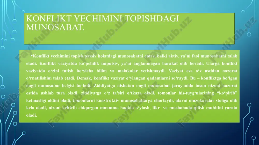 holatlar vujudga kelishi borasida avvalgi boblarda biz ma’lum bilimlarga ega bo‘ldik. biz eng zarur shart, ya’ni konfliktni o‘z holicha tashlab qo‘ymaslik kerakligini anglab yetdik. ziddiyatga faol aralashish, uni boshqarish va uning yechimini hamkorlikda ishlab chiqish – konflikt yechimini topishga olib kelishini ko‘rdik. konflikt yechimi uchun zarur bo‘lgan insoniy fazilatlar va ko‘nikmalar haqida gapirdik. ammo shu bilan birga konflikt yechimini topish uchun konfliktni boshqarishning o‘ziga xos usullari ham egallash darkor. konfliktlarni boshqarish haqida ma’lumotlarni bilish va ularni qo‘llay olish ham sizning hayotingizda osoyishtalik olib kiradi. konfliktologiyada konfliktlarni boshqarish usullari odamlarning xarakteri, o‘zini tutishi, psixologiyasi asosida ishlab chiqilgan. hozirgi oliy maktabdagi samarador o’qitish texnologiyasi - bu muammoli o’qitishdir. uning vazifasi faol bilish jarayoniga undash va tafakkurda ilmiy-tadqiqot uslubini shakllantirishdir. muammoli o’qitish ijodiy, faol shaxs tarbiyasi maqsadlariga mos keladi. muammoli o’qitish jarayonida talabaning mustaqilligi o’qitishniig reproduktiv shakllariga nisbatan tobora o’sib boradi. xozirgi pedagogikaga oid adabiyotlarda muammoli o’qitishning turli taorif va tavsiflar bor. biznpngcha, …