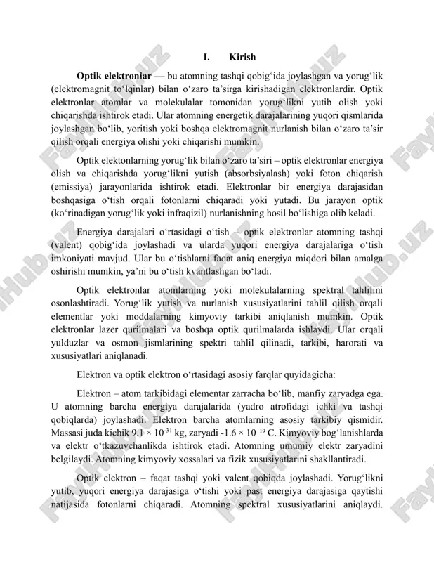 ronlarning energiya darajasidagi zichligi va ularning optik xatti-harakatlarini tasvirlaydi. bir optik elektronli atomlar – tashqi qobig’ida faqat bitta elektron bor atomlar. tashqi qobiqdagi elektron atomning kimyoviy va optik xossalarini belgilaydi. bunday atomlarning strukturasi fundamental fizikaviy model sifatida juda muhim ahamiyatga ega. bunday atomlar kimyoviy reaksiyalarda boshqa atomlar bilan oson bog‘lana oladi, chunki tashqi qobig‘idagi yagona elektronini boshqa atomlarga berish yoki ulardan olish orqali barqaror energiya holatiga intiladi. shu sababli, bir optik elektronli atomlar yuqori reaktivlikka ega bo‘lib, ko‘pincha boshqa elementlar bilan birikmalar hosil qiladi. bir optik elektronli atomlarning eng oddiy namunasi vodoroddir. vodorod — tabiatdagi eng ko’p tarqalgan atom bo’lib, u atomida bitta proton va bitta elektron mavjud, va uning yagona elektroni tashqi qobig‘ida joylashgan. birinchi guruh elementlari (litiy, natriy, kaliy) ham bitta valent elektroniga ega bo‘lib, bir optik elektronli atomlar qatoriga kiradi. bu atomlar nazariy fizika, kimyo va astronomiyaning turli sohalarida muhim ahamiyatga ega. ularning spektral xususiyatlari masofaviy yulduzlarning …