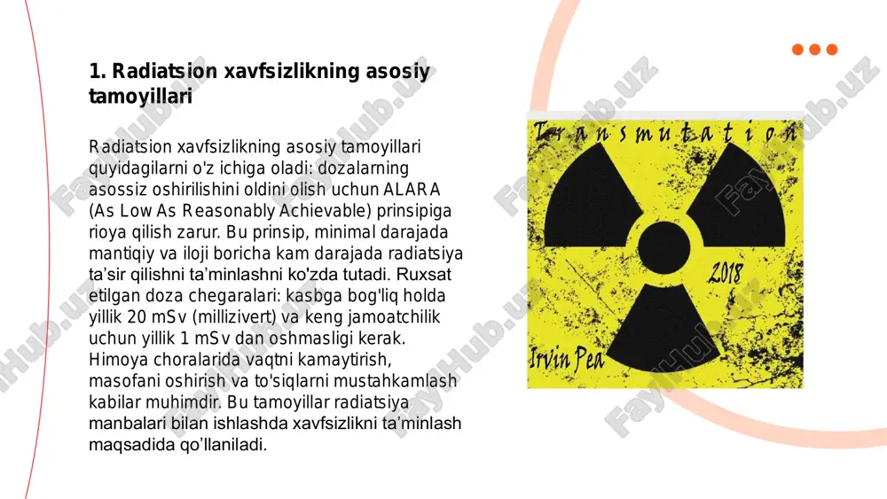 a, monitoring va xavfsizlik choralarini belgilaydi va davlatlarga ularni amalga oshirishda yordam beradi. ... t.me/slaydai_bot radiatsiya xavfini baholash metodlari inson salomatligiga ta'sirini aniqlash uchun muhimdir. dosimetriya orqali radiatsiya dozasini o'lchash usullari mavjud. rqf (radiatsion qaltislik faktori) yordamida xavfning sifat va miqdor bahosi amalga oshiriladi. ularning yagona birliklari greylardan foydalangan holda doza miqdorini o'lchashdir. boshqa usullarga bioindikatsiya, biomarkerlardan foydalanish kiradi, bu turli biologik belgilar yordamida radiatsiya darajasini aniqlash mumkin bo'lgan usullarni o'z ichiga oladi. radiatsiya xavfi, odatda, vaqt, masofa, va himoya vositalari orqali baholanadi, bularning barchasida radiatsiya ta'sirini kamaytirish maqsadida spetsifik parametrlar qo'llaniladi. ... t.me/slaydai_bot 7. atom energetikasida radiatsion xavfsizlik atom energetikasida radiatsion xavfsizlik asoslari radiatsiya tahdidlarini kamaytirish maqsadida ishlab chiqilgan. har bir atom elektr stansiyasi uchun xavfsizlik protokollari mavjud bo‘lib, ular bilan nurlanish dozasi chegaralari aniqlangan. xalqaro miqyosda iaea tashkiloti bu standartlarni nazorat qiladi. normativlarga ko‘ra, radiatsiya ionizatsiya darajasi yiliga 20 millizivertdan oshmasligi kerak. atom stansiyalarida dozimetrlar va turli himoya …