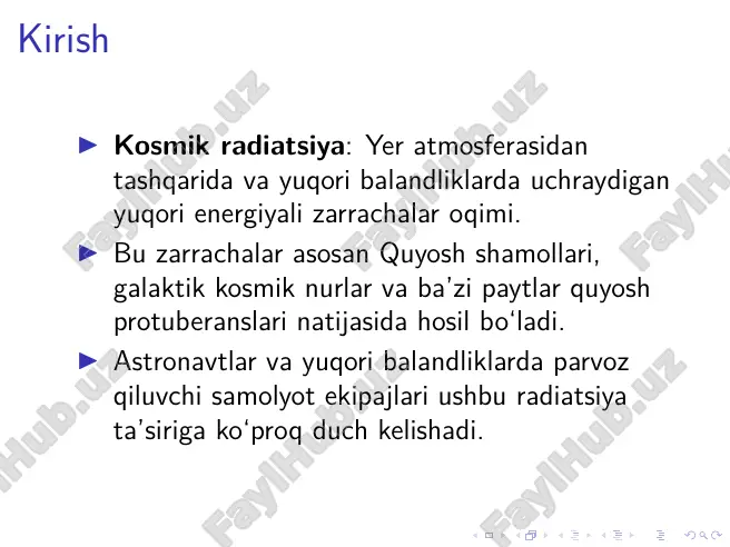 atnovlarda ekipajlar doza chegaralariga e’tibor berishadi. choralar ▶ parvoz trayektoriyasini optimallashtirish: qutb mintaqalaridan chetlashish. ▶ balans: ish vaqti va marojat dozalari chegaralari. ▶ samolyot konstruksiyasi: material tanlashda ionizatsiyaga chidamli qoplamalar. ▶ dozimetrik monitoring: ekipaj a’zolari kuzatuvi. xulosa ▶ kosmik radiatsiya – inson salomatligi uchun jiddiy xavf, ayniqsa orbitada yoki yuqori balandliklarda. ▶ astronavtlarni himoya qilish: material himoya, aktiv magnit shield konsepsiyalari, doimiy monitoring. ▶ yuqori balandliklarda esa samolyot ekipaji, yo‘lovchilar ham odatdagidan ortiqroq radiatsiya dozasiga duch kelishadi. ▶ kelgusida yanada samarali himoya usullari, texnologik yechimlar va chuqur ilmiy tadqiqotlar zarur. e’tiboringiz uchun rahmat! kirish kosmik radiatsiya tabiati va turlari astronavtlarni kosmik radiatsiyadan himoya qilish yuqori balandliklarda radiatsiya ta’siri xulosa