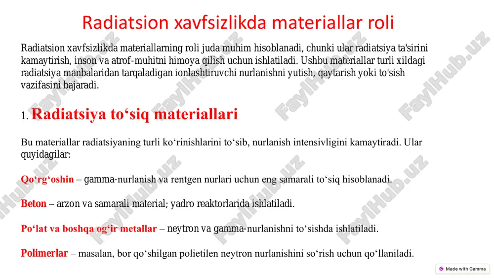 da ishlatiladi. materiallarni radiats iyadan himoya qilish choralari 1 masofa radiatsiya manbai bilan masofa oshgani sayin, nurlanishning intensivligi kamayadi. 2 vaqt radiatsiya manbai bilan aloqa qilish vaqtini qisqartirish, nurlanish dozasini kamaytiradi. 3 himoya radiatsiya manbai bilan o'zingizni himoya qiluvchi materiallar bilan o'rab olish, nurlanishni kamaytiradi. vaqt : taʼsir qilish vaqtini qisqartirish samarali dozani mutanosib ravishda kamaytiradi. taʼsir qilish vaqtini qisqartirish orqali radiatsiya dozalarini kamaytirishga misol sifatida radioaktiv manba bilan ishlashga ketadigan vaqtni qisqartirish uchun operatorlarni tayyorlashni yaxshilash mumkin. masofa : ortib borayotgan masofa teskari kvadrat qonuni tufayli dozani kamaytiradi. masofa manbani barmoqlar bilan emas, balki forseps bilan boshqarish kabi oddiy boʻlishi mumkin. masalan, agar floroskopik muolaja paytida muammo yuzaga kelsa, iloji boʻlsa, bemordan uzoqlashing. himoyalash : radiatsiya manbalari nurlanish energiyasini oʻzlashtiradigan qattiq yoki suyuq materiallar bilan himoyalangan boʻlishi mumkin. „biologik qalqon“ atamasi radiatsiyani insonlar uchun xavfsiz darajaga tushirish uchun yadro reaktori yoki boshqa radiatsiya manbalari atrofida joylashtirilgan materialni yutish uchun …