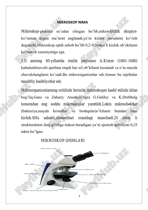 rning aksariyati uchun yagona kutubli kuzatuv,ortogonal polarizatsion kuzatish,konus kuzatuvini amalga oshirish uchun zarur bo’lgan asboblarni aniqlash uchun,ikki tomonlama materiallar izlanishining nur polarizatsiyasi xususiyatlaridan foydalanish hisoblanadi. optik mikroskop odatda optik qismlardan, yorug'lik qismlari va mexanik qismlardan iborat.optik qism shubhasiz eng muhimi, u ko'z va obrazli ob'ektivdan iborat. 1590-yil gollandiyada va italiyada ishlab chiqarilgan ko'zoynak ishlab chiqaruvchilari mikroskopga o'xshash kattalashtiruvchi qurilmalar yaratdilar. optik mikroskop,yorqin rangli mikroskop (odatiy optik mikroskop), quyuq maydon mikroskopi,floresans mikroskopi, faza kontrasti mikroskopi, lazerli skaner mikroskopi,polarizatsiyalangan nur mikroskopi, differentsial aralashuv mikroskopi, teskari mikroskop. 7 raqamli mikroskop raqamli mikroskop - tanlangan optik mikroskop texnologiyasi, ilg'or fotoelektrik konversiya exnologiyasi, lcd displey texnologiyasi, yugori texnologiyali mahsulotlarni muvaffaqiyatli rivojlanishi bilan yaxshi ta'minlangan .shunday qilib, mikroskop orqali mikroskopik maydonni an'anaviy oddiy binokardan ekran orqali kuzatib, ish samaradorligini oshirishimiz mumkin. 1. tem yoki transmissiya elektron mikroskopi. ushbu o'rnatishda qalinligi 0,1 mkm gacha bo'lgan juda nozik ob'ektning tasviri elektron nurning o'rganilayotgan modda bilan o'zaro ta'siri va …