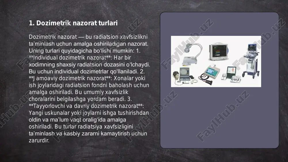 rubka ichidagi gazni elektr tokidan o'tkazuvchi holatga keltiradi, resultatsiyada nurlanish mavjudligi aniqlanadi. geiger-muller hisoblagichi radioaktiv zarrachalar sonini soniyada yoki minutda sanash uchun ishlatiladi. dozimetrik asboblar turgunova ziyoda e'tiboringiz uchun raxmat!