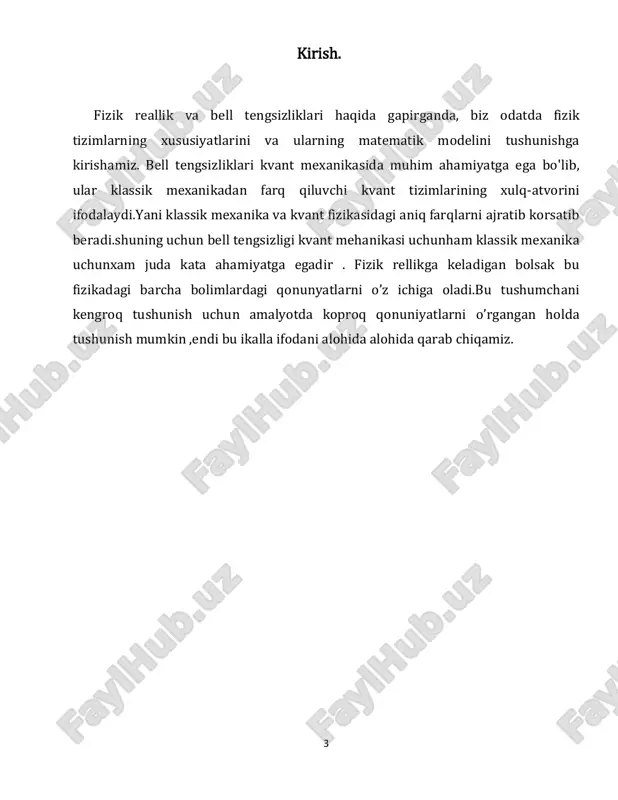 aqida ma'lumot olish mumkin. fizik reallikni qonunchiliklarga tatbiq etish orqali insoniyat ko'plab ilmiy yutuqlarga erishdi va hayotni yaxshilash uchun yangi imkoniyatlarni yaratdi. bu jarayon doimiy ravishda davom etmoqda va yangi kashfiyotlarga yo'l ochmoqda. 7 2.bell tengsizligi.tarixi,yaralishi,nimani ifodalashi bellning tengsizlik teoremasi yoki bellning tengsizlik teoremasi deb nomlanuvchi matematik teorema kvant mexanikasining ehtimollik xususiyatiga ega ekanligini tasdiqlovchi va shu teorema asosida ishlab chiqilgan fizik tajribalar natijalariga ishora qiluvchi matematik teoremadir ishlatilgan. bell teoremasi va shu teorema tufayli ishlab chiqilgan fizik tajribalar koinotning kvant miqyosda ehtimollik ekanligini ko'rsatdi va "mahalliy yashirin o'zgaruvchi" nazariyalarini ochib berdi, ular koinotning bu ehtimollik xususiyatiga ishora qiluvchi kuzatishlarni deterministik nuqtai nazardan tushuntirishga harakat qiladilar. usullar ma'lumotlarga mos kelmaydi. ushbu muvaffaqiyatga erishish yo'lida eng muhim tajribalarni amalga oshirgan alen aspect, jon klauzer va anton zaylinger triosi 2022 yilgi fizika bo'yicha nobel mukofoti bilan taqdirlandi.bell kvant chalkashlik tahlilini ancha oldinga olib bordi: uning xulosasiga ko'ra, agar chigallashgan juft zarrachalarning ikkala …