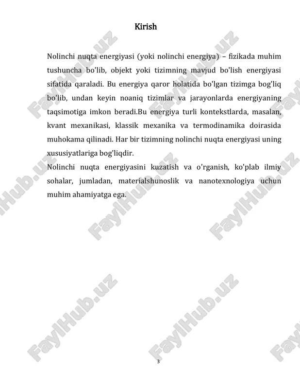 da tashqi energiya qo'shilsa, nqe dan yuqori energiya darajalari paydo bo'ladi va energiya taqsimoti o'zgaradi. termodinamik jarayonlar nqe energiyaning ug'ishi va qayta taqsimlanishida muhim rol o'ynaydi, chunki har bir jarayonda energiya harakati va taqsimoti o'zaro bog'liqdir. shunday qilib, nqe energiya taqsimotini shakllanishida asosiy omil hisoblanadi. 3. nolinchi nuqta energiyasining amaliy qoʻllanmalar nolinchi nuqta energiyasining (nqe) amaliy qo'llanmalari quyidagilardan iborat: 7 nqe kvant hisoblash va kvant kriptografiyasi sohalarida ishlatiladi. kvant holatlarni boshqarish orqali yuqori xavfsizlik va tezlikka erishish mumkin. nqe, yangi materiallarning tadqiqotida muhim, chunki u materiallarning fazoviy va energetik xususiyatlarini aniqlashda yordam beradi. supero'tkazuvchilarni ishlab chiqishda ham ahamiyatlidir. nqe, mikroprotsessorlarning dizaynida energiya samaradorligini oshirish uchun qo'llaniladi. bu, elektron qurilmalarning ishlashini yanada qarorli va mustahkam qiladi. nqe, termal energiyani saqlash va energiyani yanada samarali taqsimlashda qo'llaniladi. bu qayta ishlash jarayonlarini yaxshilaydi. nqe ning amaliy qo'llanmalari, energiya samaradorligini oshirish va yangi texnologiyalarni rivojlantirishga xizmat qiladi. nolinchi nuqta energiyasining materiallarning xususiyatlariga ta'siri quyidagicha: …