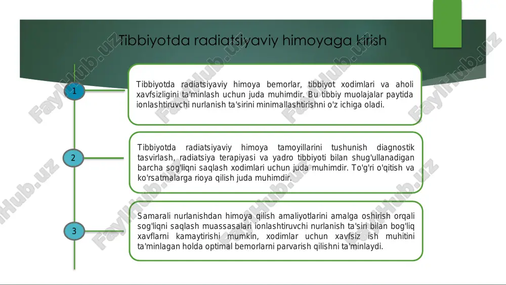x — absorbsiya qilingan doza (gray, gy), q — yutilgan energiya (joul), m — modda massasi (kilogram). o'lchov birligi: gray (gy). 1 gy = 1 j/kg. 8 ekvivalint doza ta'rifi: turli nurlanish turlarining biologik ta'sirini hisobga olish uchun absorbsiya qilingan dozaga og'irlik koeffitsienti qo'llaniladi. formulasi: h = d*𝑊𝑅 h— ekvivalent doza (sievert, sv), d— absorbsiya qilingan doza (gray), 𝑊𝑅— nurlanish turi uchun og'irlik koeffitsienti. effektiv doza ta'rifi: ekvivalent dozaga qo'shimcha ravishda turli to'qimalar va organlarning sezgirligini hisobga oladi. formulasi: e = σ𝑇𝑊𝑅 ∙ 𝐻𝑇 e— effektiv doza (sievert), 𝑊𝑅— to'qima uchun sezgirlik koeffitsienti, 𝐻𝑇— ekvivalent doza. diagnostik radiologiya amaliyoti va xavfsizlik choralari diagnostik radiologiyada radiatsiyaviy himoya bemorlar va tibbiyot xodimlarining xavfsizligini ta'minlashda hal qiluvchi rol o'ynaydi. to'g'ri himoya qilish va radiatsiya manbalaridan masofani saqlash kabi amaliyotlar juda muhimdir. diagnostik radiologiyada xavfsizlik choralari ionlashtiruvchi nurlanishning keraksiz ta'sirini cheklashni, tasvirlash protseduralari uchun belgilangan protokollarga rioya qilishni va aniqlikni ta'minlash uchun asbob-uskunalarni muntazam …
