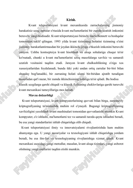 mumkinligi haqida bahslashgan. ular chalkashlikning mahalliy bo'lmagan xususiyatini ta'kidlab, "masofadagi qo'rqinchli harakat" tushunchasini kiritdilar. keyinchalik bell teoremasi ushbu mahalliy bo'lmagan korrelyatsiyalarni eksperimental ravishda sinab ko'rish yo'lini taqdim etdi va bu kvant mexanikasining bashoratlarini tasdiqlovchi ko'plab tajribalarga olib keldi. kvant teleportatsiyasi kontekstida chalkashlik jo'natuvchi(elis) va (bob) qabul qiluvchi o'rtasidagi muhim aloqani ta'minlaydi. elis va bob chigallashgan juft zarralarni baham ko'rish orqali kvant ma'lumotlarini uzatish imkonini beruvchi kvant kanalini yaratishi mumkin. kvant o'lchovi teleportatsiya jarayonida hal qiluvchi qadamdir. elis kvant holatini bobga teleport qilmoqchi bo'lganida, u o'z qismida birgalikda o'lchovni amalga oshiradi. chigallashgan juftlik va teleportatsiya qilinadigan qubit. ushbu o'lchov birlashtirilgan holatni to'rtta bell holatidan biriga loyihalashtiradi va tizimni asl kubit haqidagi ma'lumotni kodlaydigan muayyan holatga tushiradi.elisning o'lchov natijasi klassik kanal orqali bobga etkaziladi. bu aloqa ikkita klassik bitni yuborishni o'z ichiga oladi, bu bell holatining o'ziga xos natijasini ko'rsatadi. ushbu ma'lumotlarga asoslanib, bob mos keladigan pauli operatsiyasini (i, x, y yoki …