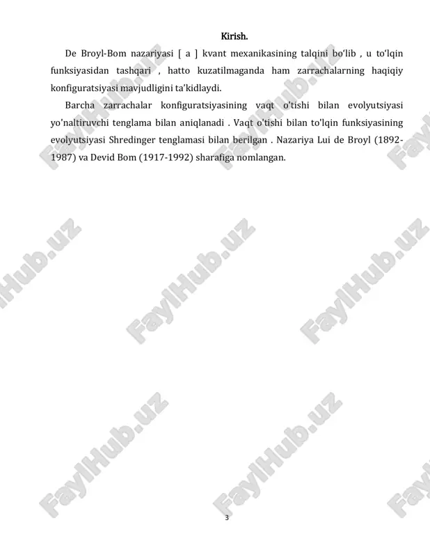lari) va zarrachalarning (ekrandagi nuqtalar) xattiharakatlarini namoyish etayotganga o'xshaydi. agar bu tajriba bitta tirqish yopiladigan tarzda o'zgartirilsa, hech qanday interferentsiya ko'rinishi kuzatilmaydi. shunday qilib, ikkala tirqishning holati yakuniy natijalarga ta'sir qiladi. bundan tashqari, zarracha qaysi yoriqdan o'tganligini aniqlash uchun tirqishlardan birida minimal invaziv detektorga ega bo'lishi mumkin. bu bajarilgandan so'ng, shovqin naqshlari yo'qoladi. 7 de broyl-bom nazariyasida to‘lqin funksiyasi ikkala tirqishda ham aniqlanadi, lekin har bir zarracha aniq belgilangan traektoriyaga ega bo‘lib, u tirqishlardan aynan bittasidan o‘tadi. detektor ekranidagi zarrachaning oxirgi holati va zarracha o'tadigan tirqish zarrachaning boshlang'ich holati bilan belgilanadi. bunday boshlang'ich pozitsiyani eksperimentator bilib bo'lmaydi yoki boshqara olmaydi, shuning uchun aniqlash naqshida tasodifiylik ko'rinishi mavjud. bomning 1952 yilgi maqolalarida u nyuton tenglamalariga kiritilganda, ikki bo'lakdan oqib o'tadigan zarralarning traektoriyalarini beradigan kvant potentsialini yaratish uchun to'lqin funksiyasidan foydalangan. darhaqiqat, to'lqin funksiyasi o'ziga xalaqit beradi va zarrachalarni kvant potentsiali bo'yicha shunday boshqaradiki, zarralar interferensiya halokatli bo'lgan hududlardan qochadi va interferensiya …