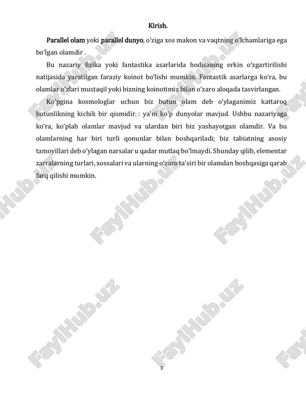 oyna " antimateriya haqidagi jumboq (nega koinotda antimateriya juda oz ? „yoki boshqacha aytganda“ nega materiya antimateriyadan ustunlik qildi ? ") baʼzilarni parallel olam gipotezasiga olib keldi. fizika cp simmetriyasining buzilishi sababini ilgari suradi, metafizika esa antropik printsipga asoslanadi, lekin materiya va antimateriya oʻrtasidagi bu assimetriyaning biron bir asosiy sababini tushuntirmaydi, chunki agar materiya va antimateriya bir xil boshlangʻich energiyadan paydo boʻlgan boʻlsa, ularni aksincha, teng nisbatda yaratilgan deb tasavvur qilish mumkin edi, koinot hech qanday ustunliklarga ega emas . keyin sovet fizigi andrey saxarov 1967 yilda simmetrik antimateriya materiyadan ustunlik qiladigan parallel olam mavjudligi haqidagi gipotezani ilgari surdi. asosiy olamning ikkita parallel olamga boʻlinishi, ularda biriga materiya, ikkinchisi uchun antimateriya hukmronlik qilishi mantiq va tajribani uygʻunlashtirishi mumkin edi. bu egizak olam biznikiga nisbatan cpt-simmetrik boʻlar edi, yaʼni nafaqat materiya antimateriya bilan almashtiriladi (c simmetriyasi), balki vaqt oʻqi ham teskari boʻlardi (t simmetriyasi) va biznikiga nisbatan geometrik ravishda teskari boʻlar …