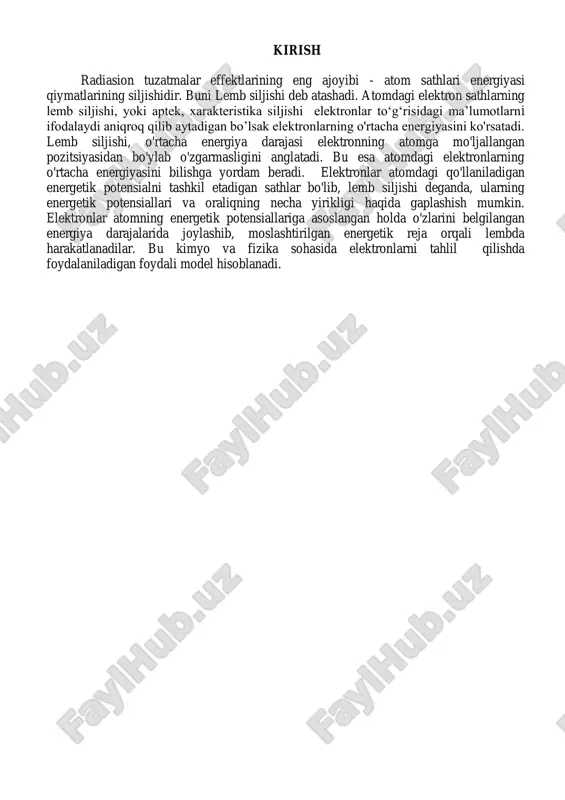 zaryadga ega yadro kabi boshqa zarralar mavjud bo'lsa, unda ularning mavjudligi tashqi orbitallardagi elektronlarning energiyasiga ta'sir qilishi mumkin. 2. siljishni tasdiqlovchi tajriba va uning nazariy izohi lemb va rezerfordning 1947 yildagi tajribasi fizika tarixidagi eng muhim tajribalardan biri bo'lib, lembning siljishini kashf qilish va o'lchashga olib keldi. o'zining kashfiyotchisi uillis lemb nomi bilan atalgan bu effekt vodorod atomining energiya darajalarining kichik bo'linishi bo'lib, uni o'sha paytdagi mavjud nazariyalar doirasida tushuntirib bo'lmaydi. tajribaning maqsadi: tajribaning asosiy maqsadi vodorod atomining bir-biriga yaqin joylashgan ikkita energiya sathi o'rtasidagi o'tish chastotasini aniq o'lchash edi: 2s 1/2 va 2p 1/2 dirak nazariyasiga ko'ra, bu darajalar bir xil energiyaga ega bo'lishi kerak. biroq, lamb va rezerfordning eksperimental ma'lumotlari 2s 1/2 darajasi 2p 1/2 darajasidan bir oz yuqori ekanligini ko'rsatdi. eksperimental tajriba: lemb va rezerfordning eksperimental qurilmasi mikroto'lqinli spektroskopiyadan foydalanishga asoslangan edi. vodorod atomlari 2s 1/2 holatiga qo'zg'atildi va keyin mikroto'lqinli nurlanish bilan nurlandi. agar mikroto'lqinli nurlanish …