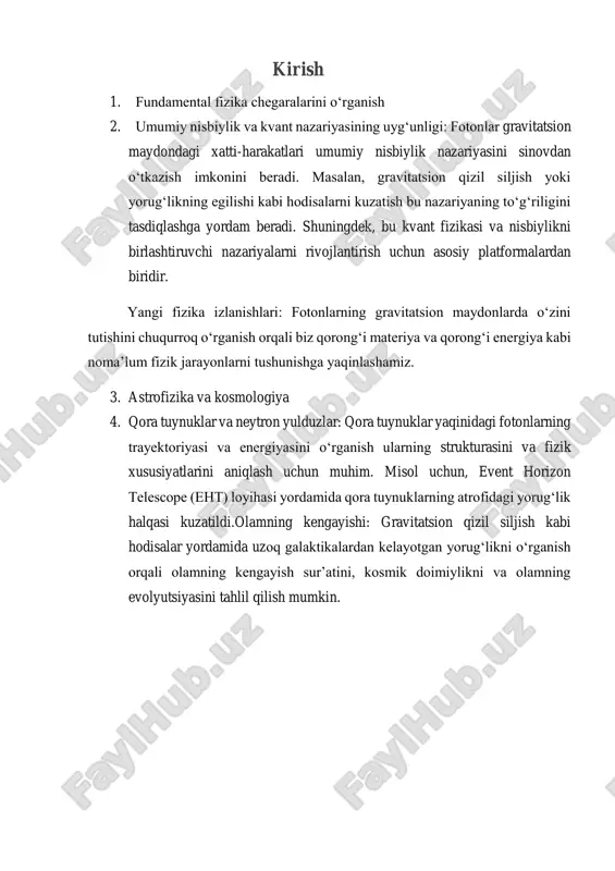 lanish bilan tushadi, degan xulosaga kelinadi. osmon mexanikasi nyutonning gravitatsiya qonuniga asoslangan. kosmosda tabiiy yoki sunʼiy jismlarning harakatlarini tekshirishda shu qonunga amal qilinadi. koʻpgina hollarda nyutonning gravitatsiya qonuni tufayli yangi sayyoralar, yoʻldoshlar aniqlandi, astronomiya qator yangi yutuqlarga erishdi. shu bilan birga, bu qonun tushuntirib berolmagan merkuriy, venera, mars sayyoralari perigeliylarining harakati kabi ayrim hodisalar ham maʼlum edi. shu kabi uchraydigan chigalliklarni bartaraf qilish maqsadida olimlar nyuton gravitatsiya qonunining matematik ifodasiga turli qoʻshimchalar kiritishga o’rindilar. ammo bunday urinishlar natija bermadi. kuchli gravitatsion maydonlarga (har qanday fizik obyektlarning hosil qiladigan maydoni gravitatsion yoki tortishish maydoni deyiladi. gravitatsion maydon eynshteynning umumiy nisbiylik nazariyasida toʻrt oʻlchovli tenzor potensiali orqali bayon qilinadi) va bu maydonlarda yorugʻlik tezligiga yaqin tezliklar bilan harakatlanuvchi jismlarga tatbiq qilishda nyuton gravitatsiya qonunining butunlay ojizligi aniqlandi. bunday hollarda eynshteyn yaratgan gravitatsiya nazariyasidan foydalanish juda yaxshi natija beradi. foton (qadimgi yunoncha: φωτός —„yorugʻlik“) elementar zarracha boʻlib, elektromagnit nurlanish (xususan, yorugʻlik) kvantidir. foton …