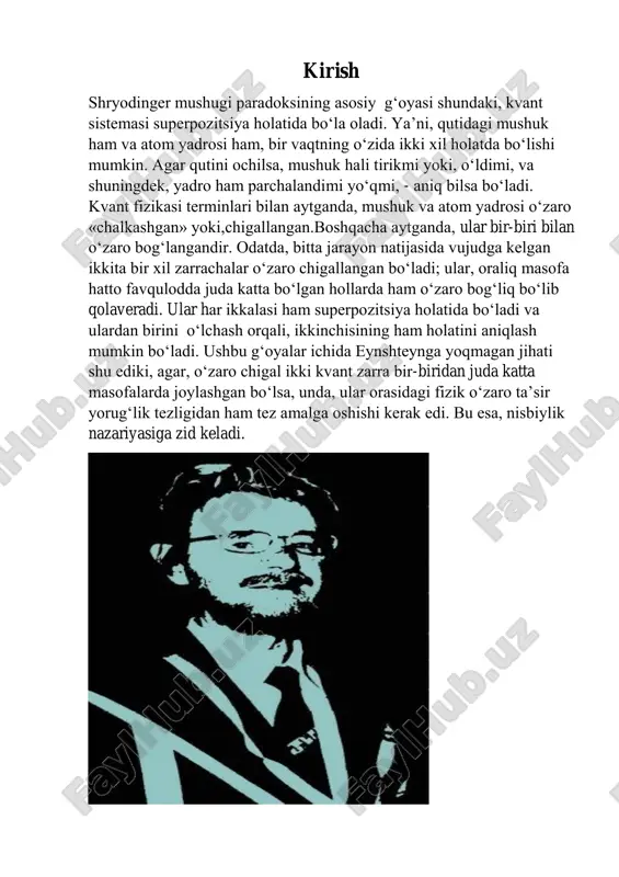 ldi. bu, zamonaviy kvant texnologiyalarining asosini tashkil qiladi, masalan, kvant kriptografiyasi va kvant hisoblash. bell tengsizliklari fizikada "lokal reallik" tushunchasini inkor etadi. klassik fizikada, o'lchov jarayonlari tizimdagi boshqa qismlarga ta'sir qilmasligi kerakligi qabul qilinadi. ammo bell tengsizliklari ko'rsatadiki, kvant mexanikasi o'lchov tizimlarining bir- biriga ta'sir qilishini va "lokal" bo'lmagan bog'lanishlarni o'z ichiga oladi. bu, fizik reallikni va o'lchovlarning tabiatini yangi tarzda tushunishga imkon beradi. bell tengsizliklari, kvant mexanika va klassik fizika o'rtasidagi ajralishni aniqlash va reallik tushunchasini chuqurroq o'rganishga imkon beradi. ular, fizikaning fundamental qonunlarini, o'lchovlarning tabiati va kvant tizimlarining xususiyatlarini tushunishda yangi ufqlarni ochadi 2.2. bell tengsizligining eksperimental tasdiqlari va ularning reallikga ta’siri bell tengsizligi eksperimentlari 1970-yillardan boshlab ko'plab laboratoriyalarda amalga oshirildi. ularning eng mashhurlari 1980- yillarda jon klaus, alain aspect va boshqa fiziklar tomonidan amalga oshirilgan eksperimentlar edi. bu eksperimentlar bell tengsizliklarini test qilish uchun kvant entanglement fenomenidan foydalangan.kvant entanglementi – bu ikki yoki undan ortiq zarrachalar o'rtasidagi …