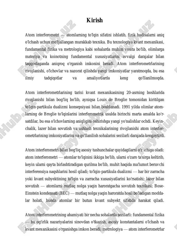 u tizimlar turli muhitda shovqinlarga kamroq sezgirlik bilan ishlay oladi. yangi materiallar va texnikalarni o'rganish atom interferometrlarining ish faoliyatini yaxshilashga yordam berishi mumkin. shuningdek, kvant entanglement va koherensiyaning atom interferometri uchun kelajakda kvant texnologiyalaridagi ta'sirini o'rganish talab etiladi. atom interferometri kvant mexanikasi va amaliy o'lchov texnologiyalari orasidagi qiziqarli kesishma sifatida namoyon bo'ladi. uning o'lchovlardagi tasdiqlangan aniqligi koinotni va uning mohiyatini o'rganishda, shuningdek, yangi texnologiya- larni ishlab chiqishda katta imkoniyatlarni olib keladi. tadqiqotlar davom etar ekan, atom interferometri fundamental ilm-fan va amaliy qo'llanilishlarda muhim rol o'ynashi kutilmoqda. i. atom interferometri yordamida tortishish nazariya- larini sinovdan o'tkazish atom interferometri yordamida tortishish nazariyalarini sinovdan o'tkazish, zamo- naviy fizikada fundamental muammo hisoblanadi. atom interferometri, atomlarning to'lqin xususiyatlarini qo'llash orqali, tortishish kuchining ta'sirini o'lchash va naz- ariyalarni sinovdan o'tkazish imkonini beradi. bu metod, tortishish nazariyalarini tekshirishda juda yuqori aniqlik va sezgirlikni ta'minlaydi, shuningdek, tortishish- ning kvant mexanikasining mohiyatini tushunishga yordam beradi. atom interferometri yordamida tortishish …
