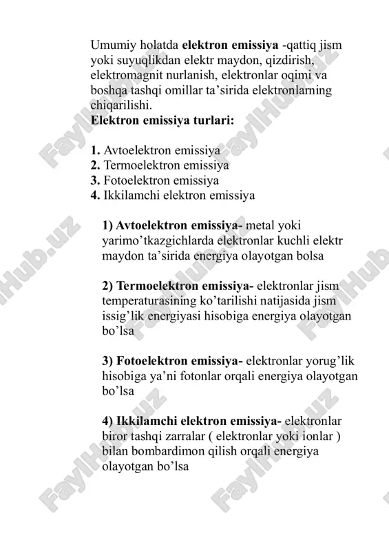 ishlashi mumkin. elektron mikroskopiya: elektron mikroskoplari (ayniqsa, skanerlash elektron mikroskoplari (sem)) uchun avtoelektron emissiyasi elektronlarni chiqarishning asosiy usulidir. bu mikroskoplar, yuqori aniqlikdagi tasvirlarni olish uchun elektronlarni maydon yordamida chiqaradi. yorug'lik manbalari va vakuumli qurilmalar: elektron manbalarini yaratishda field emission texnologiyasi, vakuumli qurilmalarda ham qo'llaniladi, masalan, katod nurlanishi manbalari (fotonlar va elektronlar chiqaradigan qurilmalar). nanokompozit materiallar: nanomateriallar va nanokompozitlar ishlab chiqarishda, ayniqsa, karbon nanotubalar va grafen kabi materiallar uchun field emission texnologiyasi juda foydalidir, chunki ular yuqori elektron chiqarish xususiyatlariga ega. tibbiyot va ilmiy tadqiqotlar: field emission texnologiyasi, shuningdek, ilmiy tadqiqotlar va tibbiyotda ishlatiladigan mikroskopik texnikalarda, masalan, elektron tomografiyalarda ishlatiladi. : tezlik: field emission jarayoni elektronlarni tezda chiqarishi mumkin, bu esa qurilmalar samaradorligini oshiradi. yuqori aniqlik: elektronlarni materialdan chiqarish uchun juda aniq elektr maydonlari yaratish mumkin. miniaturizatsiya: avtoelektron emissiyasi texnologiyasining miniaturizatsiyaga imkon berishi, yuqori aniqlikda ishlov berish imkoniyatini beradi. kam energiya sarfi: termoelektron emissiyaga qaraganda, field emission kamroq energiya sarf qiladi, …