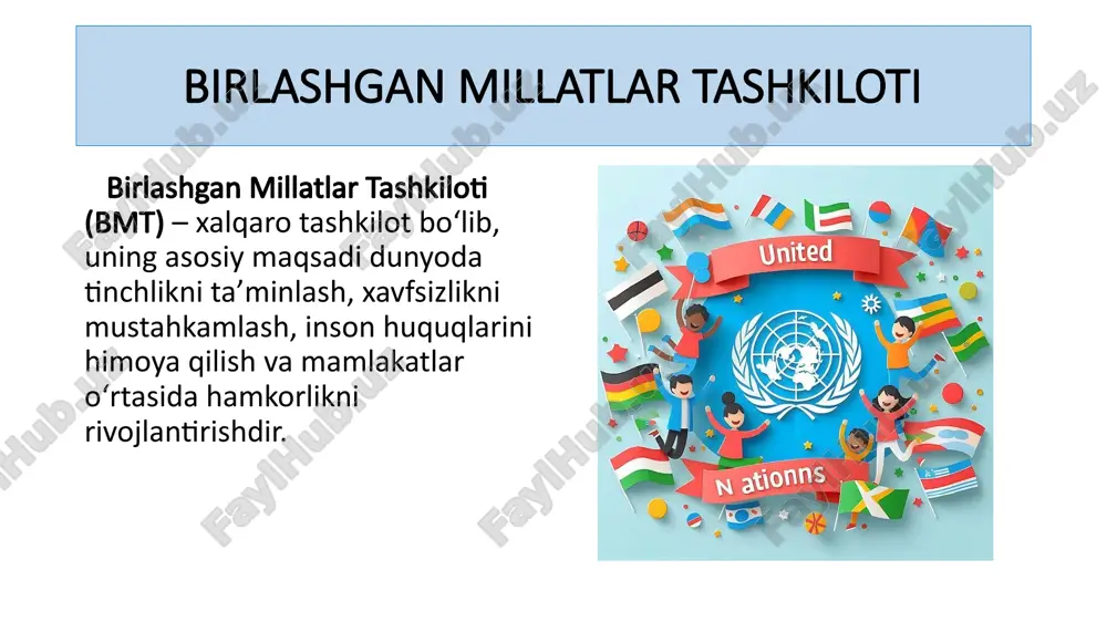 yaxshilash. ishchilarning huquq va manfaatlarini himoya qilish. tashkil topgan yili: 1919-yil. markazi: jeneva, shveytsariya. this photo by unknown author is licensed under cc by fao to‘liq nomi: birlashgan millatlar oziq-ovqat va qishloq xo‘jaligi tashkiloti (food and agriculture organization). asosiy maqsadi: ocharchilikka qarshi kurash. qishloq xo‘jaligini rivojlantirish. barqaror oziq-ovqat ishlab chiqarishni taʼminlash. tashkil topgan yili: 1945-yil. markazi: rim, italiya. this photo by unknown author is licensed under cc by wfp to‘liq nomi: jahon oziq-ovqat dasturi (world food programme). asosiy maqsadi: insonparvarlik yordami ko‘rsatish. ocharchilik va oziq-ovqat xavfsizligi masalalarini hal qilish. tashkil topgan yili: 1961-yil. markazi: rim, italiya. this photo by unknown author is licensed under cc by unido to‘liq nomi: birlashgan millatlar sanoatni rivojlantirish tashkiloti (united nations industrial development organization). asosiy maqsadi: sanoat rivojlanishini qo‘llab-quvvatlash. barqaror rivojlanishga hissa qo‘shish. tashkil topgan yili: 1966-yil. markazi: vena, avstriya. this photo by unknown author is licensed under cc by-nc-nd o’zbekistonning bmt ga a’zo bo’lishi …