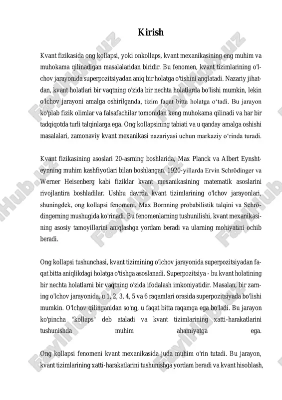 dan biridir. bu fenomen, kvant tizimlarining o'lchov jarayonida superpozitsiyadan aniq bir holatga o'tishini anglatadi va bu jarayonning falsafiy ahamiyati turli nazariyalar va talqinlar orqali chuqur o'rganilmoqda. ong kollapsi haqida turli falsafiy nuqtai nazarlar mavjud, ular orasida kopenhagena talqini, mualiflik talqini va dekohirensiya nazariyasi kabi yondashuvlar muhim o'rin tutadi. kopenhagena talqini, max born va niels bohr kabi fiziklar tomonidan 1920-yillarda ishlab chiqilgan, kvant mexanikasining eng mashhur talqinlaridan biri hisoblanadi. ushbu talqinga ko'ra, kvant tizimlari o'lchov jarayonida o'z holatini o'zgartiradi va bu o'zgarish tasodifiy xarakterga ega. kopenhagena talqini, o'lchov jarayonini o'z ichiga oladi va bu jarayonda o'lchov natijalari quyi ehtimollik taqsimotiga asoslanadi. ushbu nuqtai nazarga ko'ra, kvant tizimining holati o'lchovdan oldin aniq emas, balki superpozitsiyadagi holatlarda mavjuddir. mualiflik talqini esa, kvant tizimining holati o'lchovdan oldin mavjud bo'lgan super- pozitsiyaga asoslangan holda, o'lchov jarayoni natijasida ongning muhim rolini ta'kidlaydi. ushbu yondashuv, ongning tajribasi va kvant tizimlari o'rtasidagi o'zaro aloqani o'rganishga qaratilgan. mualiflik talqini, …