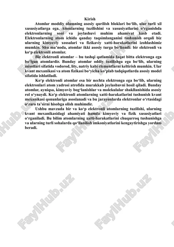 rning kimyoviy tarkibi aniqlanishi mumkin. lazer texnologiyalari: optik elektronlar lazer qurilmalari va boshqa optik qurilmalarda ishlaydi. yorug‘likning chiqarilishi va yig‘ilishi jarayonlarida ular asosiy rol o‘ynaydi. astrofizika: yulduzlar va boshqa osmon jismlarining spektri tahlil qilinadi va bu orqali ularning tarkibi, harorati va boshqa xususiyatlari aniqlanadi. elektron va optik elektron o‘rtasidagi asosiy farqlar quyidagicha: elektron – atom tarkibidagi elementar zarracha bo‘lib, manfiy zaryadga ega. u atomning barcha energiya darajalarida (yadro atrofidagi ichki va tashqi qobiqlarda) joylashadi. elektron barcha atomlarning asosiy tarkibiy qismidir. massasi juda kichik 9.1 × 10-31 kg, zaryadi -1.6 × 10⁻¹⁹ c. kimyoviy bog‘lanishlarda va elektr o‘tkazuvchanlikda ishtirok etadi. atomning umumiy elektr zaryadini belgilaydi. atomning kimyoviy xossalari va fizik xususiyatlarini shakllantiradi. optik elektron – faqat tashqi yoki valent qobiqda joylashadi. yorug‘likni yutib, yuqori energiya darajasiga o‘tishi yoki past energiya darajasiga qaytishi natijasida fotonlarni chiqaradi. atomning spektral xususiyatlarini aniqlaydi. kimyoviy reaksiyalarni boshlashda ishtirok etadi. yorug‘lik bilan o‘zaro ta’sirni va spektral tahlilni …