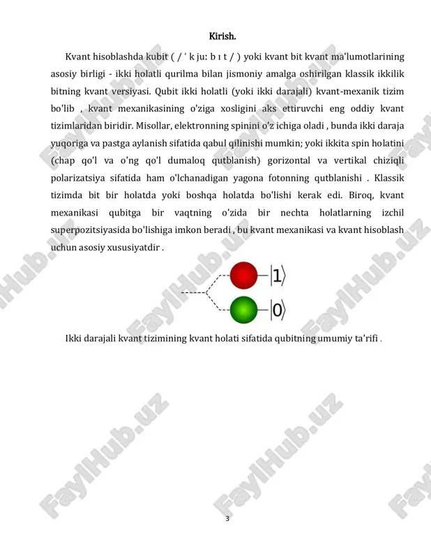 tlari yorug'likning qutblanishi ortogonal holatlarni ko'rsatishning oddiy usulini taklif qiladi. oddiy xaritalash bilan |h⟩=|0⟩ va |v⟩=|1⟩, kvant holatlari (|0⟩±|1⟩)/2 to'g'ridan-to'g'ri jismoniy tasvirga ega bo'lib, ular chiziqli polarizatorli sinfda eksperimental ravishda osongina namoyish etiladi va haqiqiy  va β , ortogonallikning o'rta maktab ta'rifiga mos kelishi . sof qubit holati - bu asosiy holatlarning izchil superpozitsiyasi . bu shuni anglatadiki, bitta kubit (ψ) ning chiziqli birikmasi bilan tavsiflanishi mumkin |0⟩ va |1⟩: |ψ⟩=α|0⟩+β|1⟩ bu erda α va β - ehtimollik amplitudalari va ikkalasi ham murakkab sonlardir . ushbu kubitni standart asosda o'lchaganimizda, born qoidasiga ko'ra , natija ehtimoli |0⟩ "0" qiymati bilan |α|2 va natija ehtimoli |1⟩ "1" qiymati bilan |β|2. amplitudalarning mutlaq kvadratlari ehtimollarga teng bo'lganligi sababli, bundan kelib chiqadi a va b ehtimollik nazariyasining ikkinchi aksiomasi bo'yicha tenglama bilan cheklanishi kerak. |α|2+|β|2=1 ehtimollik amplitudalari, a va b , o'lchov natijalarining ehtimolliklaridan ko'proq narsani kodlash; orasidagi nisbiy faza a va …