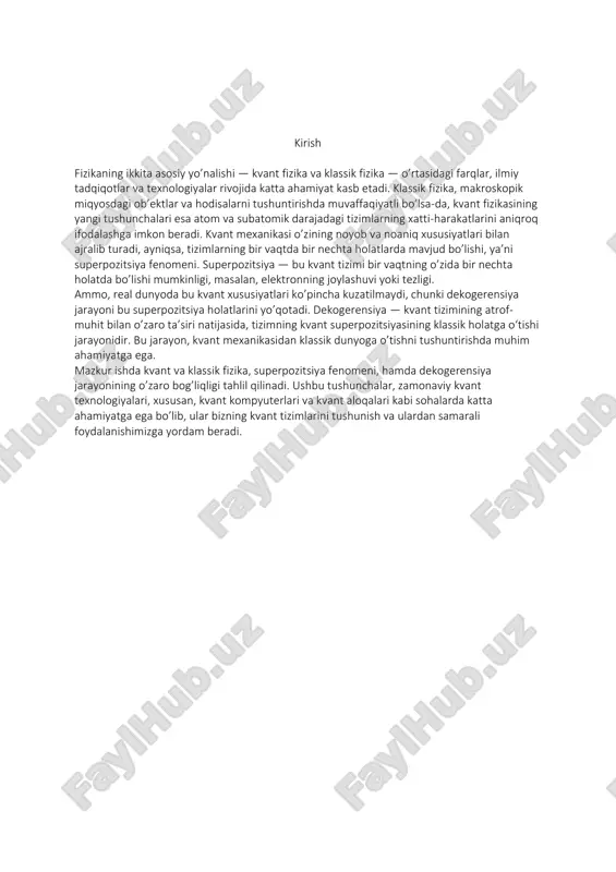bajarilmaguncha. keling hayoliy eksperiment otkazaylik. bu eksperiment shredingger mushugi nomi bilan mashxur. 1-rasm. eksperimentni o’tkazish uchun bizga mushuk, quti va radioktiv elementli qurilma va kislotali idish. tassavvur qilaylik radioktiv element ichida uran yadrosi bor. qaysidir vaqt momentida unda yemirilish yuzaga keladi. osha radiaktiv yemirilish hisobiga bolg’acha ishga tushadi. kislotali idishga bolg’acha urilganda idish yoriladi va mushuk o’ladi.( 1-rasm) 2-rasm. biz yemirilish qachon bolishini bilmaymiz. biz uchun karobka qopqogʻi yopiq bo’lganda biz uchun mushuk ham o’lik ham tirikdir.(2-rasm) 3-rasm. agar karobkani ochsak u mushukni tirik holda yoki o’lik holda topamiz.(3-rasm) shredinger bu hayoliy tajribani otkazib superpozitsiyani tushuntirmoqchi bo’lgan. karobka ochilmaguncha mushuk superpozitsiya holatida boʻladi.(4-rasm) 4-rasm. shredinger aytgan ekisperimentni ksi funksiya bilan yozsak quyudagicha boʻladi. 𝐾𝑠𝑖 = 𝐾𝑠𝑖1 + 𝐾𝑠𝑖2 (1) 𝐾𝑠𝑖 = 𝑎 +𝑏 (2) a,b lar bular amlitidadir. a^2+b^2=1. amplitudaning kvadrati bu ehtimollikdir. bu eksperimentni o’tkazishdan maqsad zarrachalar ham superpozitsiya holatida bo’lishini elektronni spin momenti bor. spin qanday hosil bo’lishi …