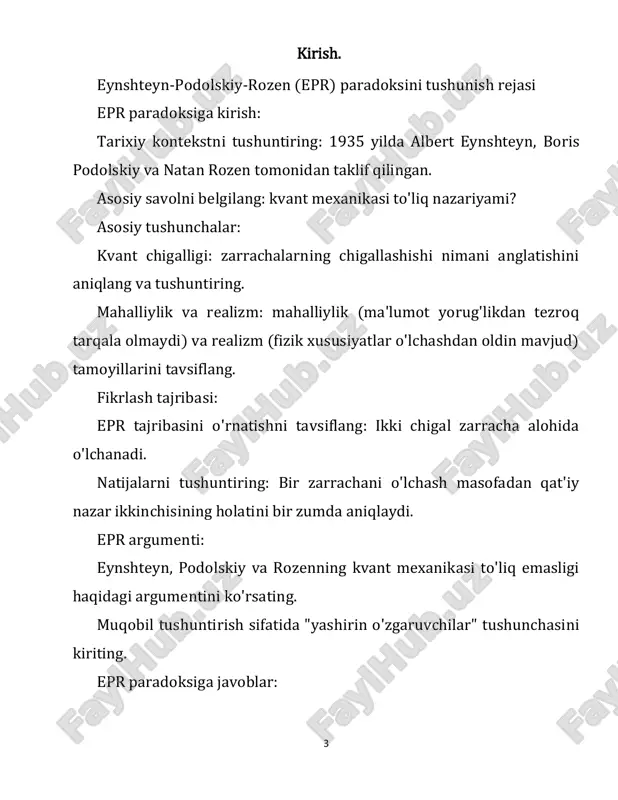 mexanikasining bashoratlarini va chalkashlik haqiqatini tasdiqladi. ushbu tajribalar mahalliy yashirin o'zgaruvchilarni istisno qildi, bu esa kvant mexanikasining mahalliy bo'lmagan tabiatini qo'llab- quvvatladi. kvant chigalligi ta'rif: kvant chalkashlik ikki yoki undan ortiq zarrachalar bir-biri bilan shunday bog'lanib qoladiki, bir zarraning holati boshqa(lar)ning holatiga, hatto katta masofalar bilan ajratilgan taqdirda ham bevosita ta'sir ko'rsatadigan hodisadir. bu o'zaro bog'liqlik zarrachalar orasidagi masofadan qat'iy nazar davom etadi. asosiy xususiyatlar: mahalliy bo'lmagan: chigallashgan zarralar klassik fizika bilan tushuntirib bo'lmaydigan o'zaro bog'liqliklarni namoyish etadi va mahalliylik printsipiga qarshi ko'rinadi. o'lchov ta'siri: bir zarrachani o'lchash bir zumda boshqa chigallashgan zarrachaning holatiga ta'sir qiladi, bu hodisani eynshteyn mashhur "masofadagi qo'rqinchli harakat" deb atagan. ilovalar: kvant hisoblash: entangment kvant kompyuterlari uchun asosiy manba bo'lib, klassik kompyuterlarga qaraganda murakkab hisoblashlarni ancha samarali bajarishga imkon beradi. 7 kvant kriptografiyasi: kvant chigallashuvi axborotning xavfsiz uzatilishini ta'minlaydigan kvant kalitlarini taqsimlash kabi xavfsiz aloqa protokollarida qo'llaniladi. kvant teleportatsiyasi: o'zaro bog'liqlik kvant holatlarini bir joydan …