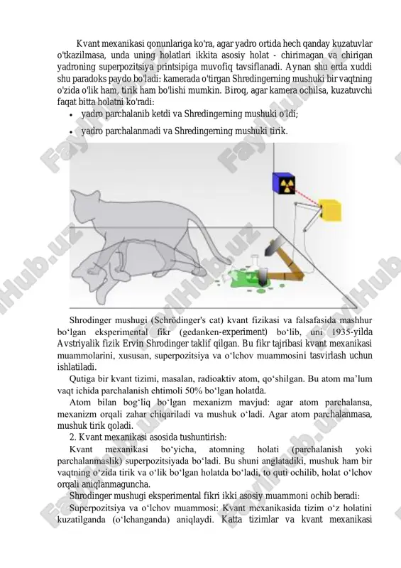 3. kuzatuv masalasi: mushukning holati qutini ochib qaragunga qadar noaniq (ya’ni, superpozitsiyada) bo‘lib qoladi. faqatgina kuzatuvchi qutini ochgach, mushukning holati yagona (ya'ni, yoki tirik yoki o‘lik) bo‘ladi. 1. superpozitsiya printsipi kvant mexanikasi ob’ektlari (masalan, atom) bir vaqtning o‘zida bir nechta kvant holatida bo‘lishi mumkin. atom uchun bu holatlar: "parchalangan" (radioaktiv nurlanish sodir bo‘lgan holat). "parchalanmagan" (radioaktiv nurlanish sodir bo‘lmagan holat). 2. o‘lchov muammosi kvant mexanikasida tizimning holati faqat kuzatuv jarayonida aniqlanadi. mushukning holati (tirik yoki o‘lik) o‘lchovdan oldin kvant superpozitsiyasida bo‘ladi. bu "real holat qachon mavjud bo‘ladi?" degan savolni keltirib chiqaradi. mushuk makroskopik ob’ekt, lekin unga nisbatan kvant mexanikasi qoidalarini qo‘llash muammo tug‘diradi. kvant mexanikasi mikroskopik zarrachalar uchun yaxshi ishlaydi, ammo makroskopik ob’ektlarda qanday ishlashi munozarali. shrodinger mushugi tajribasi kvant mexanikasining bir nechta talqinlarini muhokama qilishga sabab bo‘lgan: bu talqin bo‘yicha, mushukning holati qutini ochmaguncha aniq emas. kuzatuv amalga oshirilganda kvant holati "kollyaps" qiladi va mushuk tirik yoki o‘lik holatini …
