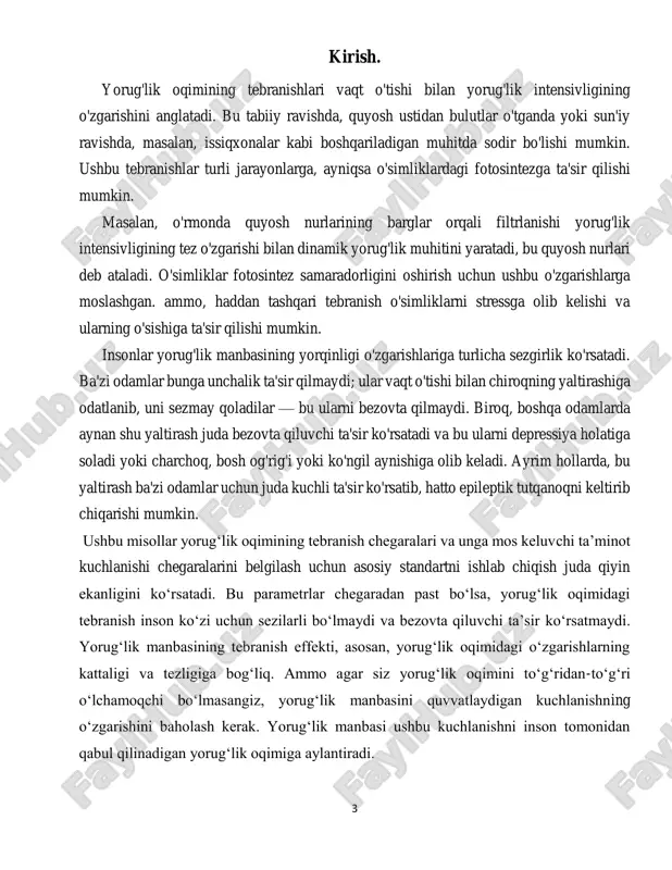 rini yaratishi mumkin.  tarmoqlarda xatoliklar yoki kesishmalar: elektr ta'minotidagi xatoliklar yoki tarmoqdagi uzilishlar (masalan, yirik sanoat qurilmalari ishga tushishi) yoritgichlarning yorug'lik oqimi fluktuasiyasini keltirib chiqarishi mumkin. 2.fluktatsiya va uning salbiy ta'siri: yorug'lik oqimi fluktatsiyasi insonlar uchun bir nechta salbiy ta'sirlarga olib kelishi mumkin: 5  ko'rish va qulaylik: fluktatsiya odamning ko'zi uchun noqulay bo'lishi mumkin. yoritgichlarning tez-tez o'zgarishi va tezda xiralashishi ko'zni charchatadi, bosh og'rig'iga yoki migrenga olib kelishi mumkin.  psixologik ta'sir: odamlar uchun fluktatsiya ko'proq bezovtalikni keltirib chiqarishi, stressni oshirishi mumkin. bu ko'pincha yirik va chiroyli yoritilgan joylarda, masalan, ofislar, maktablar va boshqa ommaviy joylarda yuzaga keladi.  sog'liq muammolari: fluktatsiya uzoq vaqt davomida jiddiy ta'sir qilsa, nevrologik va kardiologik muammolarga sabab bo'lishi mumkin, ayniqsa, sezgir shaxslar (masalan, migreni bo'lganlar yoki epilepsiya kasalligiga chalinganlar uchun). tasavvur qiling, siz issiqxonada pomidor o'stiryapsiz. ichkaridagi yorug'lik bir nechta omillar tufayli o'zgarishi mumkin - tashqaridan o'tadigan bulutlar, boshqa o'simliklarning soyalari yoki …