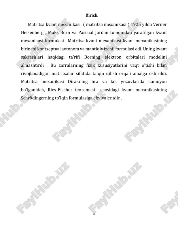 almashtirdi, furye seriyasining loyqa kvant analogi. klassik tarzda, furye koeffitsientlari chiqarilgan nurlanishning intensivligini beradi , shuning uchun kvant mexanikasida koordinata operatorining matritsa elementlarining kattaligi yorqin chiziqlar spektridagi nurlanishning intensivligi edi. heisenberg formulasidagi miqdorlar klassik koordinatalar va impuls edi, ammo endi ular aniq belgilanmagan. har bir miqdor dastlabki va yakuniy holatlarga mos keladigan ikkita indeksga ega bo'lgan furye koeffitsientlari to'plami bilan ifodalangan. tug'ilgan qog'ozni o'qiganida, u formulani shifrlash va tizimli matritsa tiliga kengaytirish mumkinligini tushundi , u breslau universitetida jeykob rosanes ostida o'qigan . born, yordamchisi va sobiq shogirdi paskual jordan yordamida darhol uni tahlil qilish va kengaytirishga kirishdi va ular o'z natijalarini nashrga taqdim etishdi; qog'oz heisenberg qog'oz keyin faqat 60 kun nashr uchun qabul qilindi . keyingi maqola yil oxirigacha barcha uch muallif tomonidan nashrga taqdim etildi (matritsali mexanikaning rivojlanishidagi bornning roli haqida qisqacha sharh, ehtimollik amplitudalarining o'zgarmasligini o'z ichiga olgan asosiy formulani muhokama qilish). , jeremy bernstein 7 …