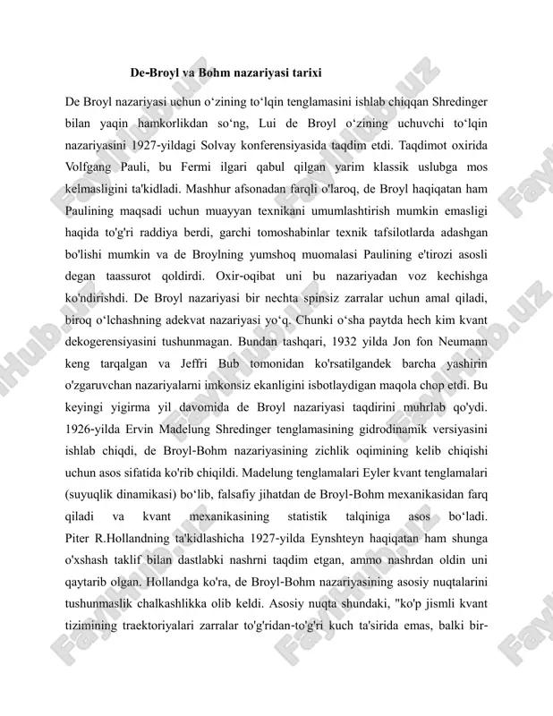 iymatiga bog'liq.o'lchovlar nazariya tomonidan tavsiflangan kvant jarayonlarining alohida holati bo'lib, u odatda kopengagen talqini bilan bog'liq bo'lgan bir xil kvant bashoratlarini beradi. nazariyada "o'lchov muammosi" yo'q, chunki zarralar har doim aniq konfiguratsiyaga ega. de broyl- bohm nazariyasidagi born qoidasi asosiy qonun emas. aksincha, bu nazariyada ehtimollik zichligi va toʻlqin funksiyasi oʻrtasidagi bogʻliqlik toʻlqin funksiyasini boshqaruvchi asosiy tamoyillarga qoʻshimcha boʻlgan “kvant muvozanat gipotezasi” deb ataladigan gipoteza maqomiga ega.garchi bu oxirgi munosabat ko'pincha nazariyaning aksiomasi sifatida taqdim etilgan bo'lsa ham, bohmning 1952-yildagi asl maqolalarida u statistik-mexanik dalillardan kelib chiqqan holda taqdim etilgan. bu dalil 1953-yilda bohmning ishi bilan qo'shimcha ravishda qo'llab-quvvatlandi va 1954-yilda vijye va bohmning maqolasi bilan tasdiqlandi, unda ular kvant nomutanosiblikdan kvant muvozanatiga asimptotik bo'shashish jarayonini boshqaradigan stokastik suyuqlik tebranishlarini kiritdilar. ikki tirqishli tajriba ikki yoriqli eksperiment to'lqin-zarracha duallizmining illustratsiyasidir. unda zarrachalar nuri (masalan, elektronlar) ikkita tirqishi bo'lgan to'siqdan o'tadi. agar detektor ekranini to'siqdan nariga o'rnatilsa, aniqlangan zarrachalar tasviri ekranga …