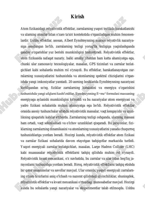 g dastlabki va asosiy ta'sirlar orasida relyativistik massan- ing o'zgarishi, vaqt kengayishi va uzunlik qisqarishi bor. zarralar tezligi yorug'lik tezligiga yaqinlashganda, ularning massasi ortadi, bu energiya darajalarining o'zgarishi bilan bog'liqdir. masalan, atom spektridagi chiziqlarning pozitsiyasi va kengligi relyativistik massaning o'zgarishi natijasida o'zgarishi mumkin. bu holat, atomning energiya darajalarini belgilovchi kvant holatlariga ta'sir etadi, buning na- tijasida spektral chiziqlar ko'rsatilgan joylarda siljiydi. relyativistik effektlar atom spektridagi lande faktoriga ham ta'sir qiladi. lande faktor, atomning magnit mo- mentini belgilovchi koeffitsient bo'lib, zarraning tezligi oshishi bilan birga, magnit momentning xususiyatlarini o'zgartiradi. odatda, yuqori tezlikda harakatlanuvchi zarralar uchun lande faktorining qiymati o'zgaradi, bu esa atom spektrining magnit xususiyatlarini o'zgartiradi. natijada, atom spektridagi chiziqlar o'zgarib, yangi spektral xususiyatlar paydo bo'lishi mumkin. relyativistik effektlar, shuningdek, spektral chiziqlarning kengligi va harakatlanuvchi zarralar o'rtasidagi o'zaro ta'sirlar natijasida hosil bo'ladigan doppler ta'siriga ham bog'liqdir. doppler ta'siri, tez hara- katlanuvchi zarralar tomonidan chiqarilgan yoki so'rilgan yorug'likning chastotasini o'zgartiradi. bu holat, …