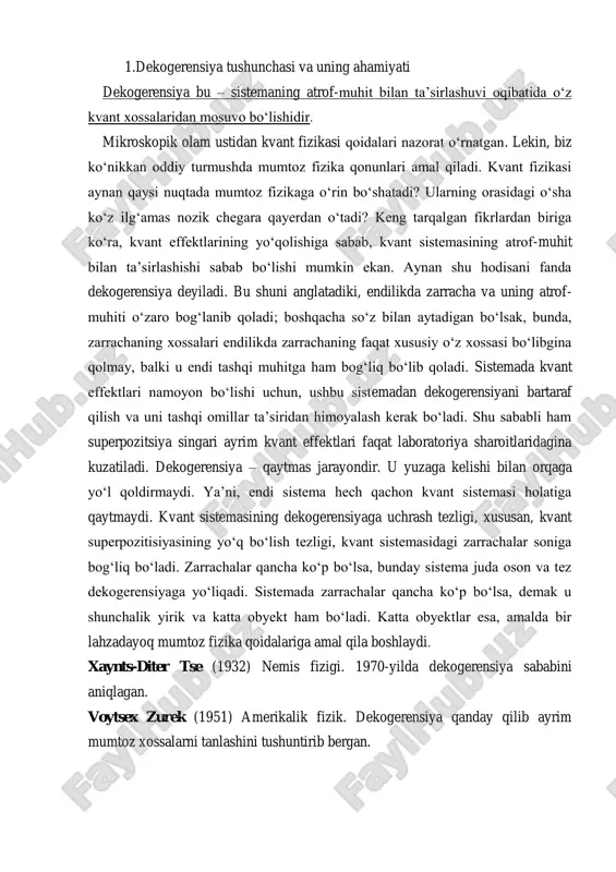 uhitdagi ko'plab erkinlik darajalari bilan aralashtiriladi, xuddi shunday klassik mexanikada ishqalanish natijasida energiya atrof-muhitda issiqlik hosil qilganda yo'qolgandek tuyuladi. dekogerentlikni tizimdan atrof-muhitga ma'lumotni yo'qotish sifatida ko'rish mumkin (ko'pincha issiqlik hammomi sifatida modellanadi ), chunki har bir tizim atrofdagi energiya holati bilan erkin bog'langan. izolyatsiya qilingan holda, tizimning dinamikasi unitar emas (garchi birlashgan tizim va atrof-muhit unitar tarzda rivojlansa ham). shunday qilib, faqat tizimning dinamikasi qaytarilmasdir . har qanday ulanishda bo'lgani kabi, tizim va atrof-muhit o'rtasida bog'lanishlar hosil bo'ladi. bular kvant ma'lumotlarini atrof-muhit bilan almashish yoki uni https://en.wikipedia.org/wiki/coherence_(physics)#quantum_coherence https://en.wikipedia.org/wiki/quantum_mechanics https://en.wikipedia.org/wiki/quantum_state https://en.wikipedia.org/wiki/born_rule https://en.wikipedia.org/wiki/measurement_in_quantum_mechanics https://en.wikipedia.org/wiki/unitarity_(physics) https://en.wikipedia.org/wiki/quantum_coherence https://en.wikipedia.org/wiki/coherence_(physics) https://en.wikipedia.org/wiki/heat_bath https://en.wikipedia.org/wiki/irreversibility https://en.wikipedia.org/wiki/quantum_entanglement https://en.wikipedia.org/wiki/quantum_entanglement https://en.wikipedia.org/wiki/quantum_information o'tkazish ta'siriga ega . 3.tarix va talqin hamda konseptsiyalarning kelib chiqishi. kvant mexanikasining talqini kvant fizikasining matematik nazariyasi tajribali voqelikka qanday mos kelishi mumkinligini tushuntirishga urinishdir . dekogerentlik hisoblari kvant mexanikasining har qanday talqinida amalga oshirilishi mumkin, chunki bu hisoblar kvant nazariyasining standart matematik vositalarini qoʻllash hisoblanadi. biroq, dekogerentlik mavzusi o'zining …