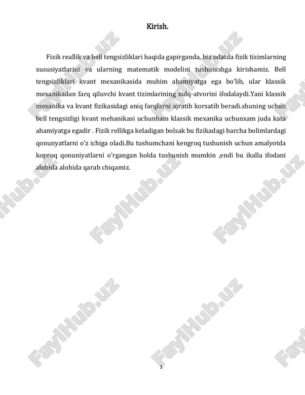 aqida ma'lumot olish mumkin. fizik reallikni qonunchiliklarga tatbiq etish orqali insoniyat ko'plab ilmiy yutuqlarga erishdi va hayotni yaxshilash uchun yangi imkoniyatlarni yaratdi. bu jarayon doimiy ravishda davom etmoqda va yangi kashfiyotlarga yo'l ochmoqda. 7 2.bell tengsizligi.tarixi,yaralishi,nimani ifodalashi bellning tengsizlik teoremasi yoki bellning tengsizlik teoremasi deb nomlanuvchi matematik teorema kvant mexanikasining ehtimollik xususiyatiga ega ekanligini tasdiqlovchi va shu teorema asosida ishlab chiqilgan fizik tajribalar natijalariga ishora qiluvchi matematik teoremadir ishlatilgan. bell teoremasi va shu teorema tufayli ishlab chiqilgan fizik tajribalar koinotning kvant miqyosda ehtimollik ekanligini ko'rsatdi va "mahalliy yashirin o'zgaruvchi" nazariyalarini ochib berdi, ular koinotning bu ehtimollik xususiyatiga ishora qiluvchi kuzatishlarni deterministik nuqtai nazardan tushuntirishga harakat qiladilar. usullar ma'lumotlarga mos kelmaydi. ushbu muvaffaqiyatga erishish yo'lida eng muhim tajribalarni amalga oshirgan alen aspect, jon klauzer va anton zaylinger triosi 2022 yilgi fizika bo'yicha nobel mukofoti bilan taqdirlandi.bell kvant chalkashlik tahlilini ancha oldinga olib bordi: uning xulosasiga ko'ra, agar chigallashgan juft zarrachalarning ikkala …