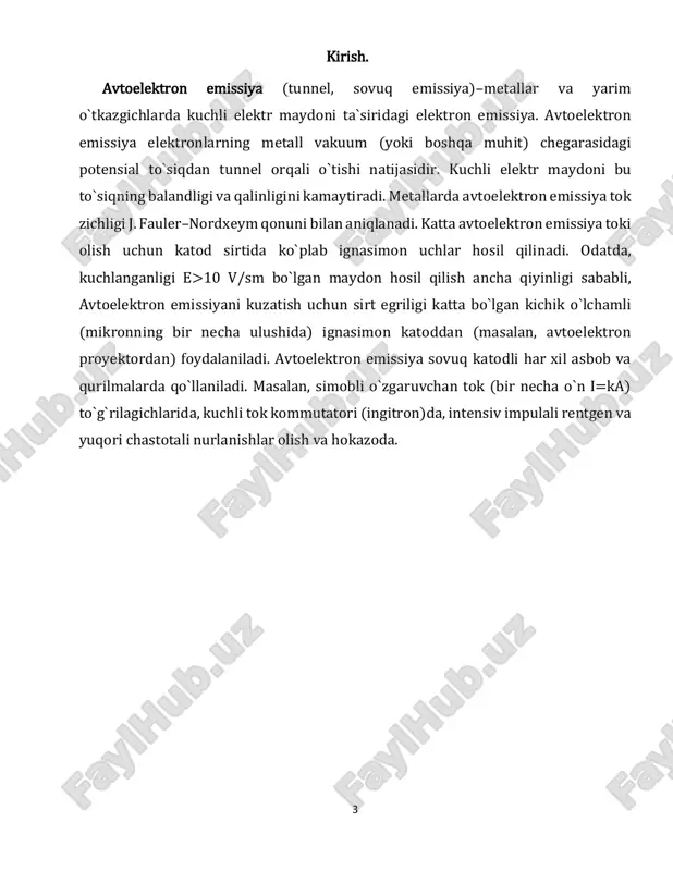 a oq termion emissiya aralashmasi qoplamasini ko'rsatadi. odatda bariy , stronsiy va kaltsiy oksidlari aralashmasidan tayyorlangan qoplama odatdagi foydalanish natijasida sochilib ketadi, natijada chiroq ishdan chiqadi. maydon elektron emissiyasi , shuningdek, maydon emissiyasi ( fe ) va elektron maydon emissiyasi sifatida ham tanilgan, elektrostatik maydon tomonidan indüklenen elektronlarning emissiyasidir . eng keng tarqalgan kontekst qattiq sirtdan vakuumga dala emissiyasidir . biroq, maydon emissiyasi qattiq yoki suyuq 6 sirtlardan vakuumga, suyuqlikka (masalan, havo ) yoki har qanday o'tkazmaydigan yoki zaif o'tkazuvchan dielektrikga o'tishi mumkin . yarimo'tkazgichlarning valentligidan elektronlarning o'tkazuvchanlik zonasiga dala ta'sirida ko'tarilishi ( zener effekti ) ham maydon emissiyasining bir shakli sifatida qaralishi mumkin. terminologiya tarixiy ahamiyatga ega, chunki sirt fotoeffekti, termion emissiya (yoki richardson-dushman effekti ) va "sovuq elektron emissiya", ya'ni kuchli statik (yoki kvazistatik) elektr maydonlarida elektronlarning emissiyasi bilan bog'liq hodisalar kashf etilgan va mustaqil ravishda o'rganilgan. 1880-1930 yillar. dala emissiyasi atamasi kvalifikatsiyalarsiz ishlatilsa, u odatda "sovuq emissiya" …
