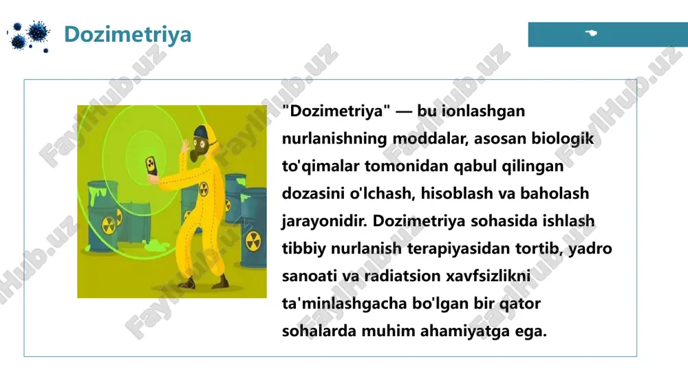 /kg). ularning bog'liqligi: ekspozitsion doza va yutilgan doza o'rtasidagi bog'liqlik moddaning ionlashuv xususiyatlariga (ya'ni, nurlanishni qanday yutishi va qanday ionlashishini) qarab o'zgaradi. bu bog'liqlikni hisoblash uchun moddaning nurlanishni yutish koeffitsienti va ionlashuvning zaruriy faktorlarini hisobga olish kerak. ekspozitsion doza (x) va yutilgan doza (d) o'rtasidagi bog'liqlikni hisoblashda quyidagi formula ishlatiladi: bu yerda: d — yutilgan doza (gy), x — ekspozitsion doza (c/kg), χ — moddaning nurlanishni yutish koeffitsienti (radiatsiya bilan moddaning ionlashuv xususiyatlarini hisobga oladi). ekspozitsion doza faqat moddaning ionlashgan nurlanishni ta'sirini o'lchaydi, lekin yutilgan doza biologik to'qima yoki moddalar tomonidan so'rib olingan energiyaning miqdorini hisobga oladi, bu esa nurlanishning biologik ta'sirini aniqlashda muhimroq hisoblanadi. tibbiyotda qòllanilishi  defenses yutilgan doza va ekspozitsion doza tibbiyotda nurlanishni xavfsiz va samarali tarzda qo‘llash uchun juda muhim. ular, asosan, radiatsion diagnostika va terapiya jarayonlarida, shuningdek, radiatsion xavfsizlikni ta’minlashda qo‘llaniladi. quyida ularning tibbiyotdagi asosiy qo‘llanishlariga to‘xtalib o‘tamiz: radiologik diagnostika (rentgen va ct tekshiruvlari) ekspozitsion …
