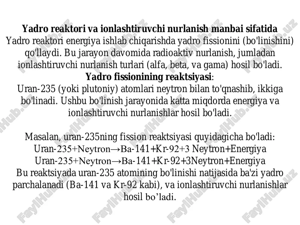 ya) turi: bwr (boiling water reactor) – qaynayotgan suv reaktori joylashuvi: yaponiya, fukushima taqdimoti: fukushima daiichi reaktori 2011-yilda reaktorning xususiyati: bwr reaktori qaynayotgan suvdan foydalanib, yadro fissionidan energiya olishadi. fukushima avariyasidan keyin xavfsizlik talablariga katta e'tibor qaratildi. yadro reaktorining ionlashtiruvchi nurlanish manbai sifatidagi roli: fukushima reaktori tsunamidan so'ngki avariyada chiqarilgan gama nurlanish chiqargan. 3. kursk yadro reaktori (rossiya) turi: vver joylashuvi: rossiya, kursk shahri yaqinida. taqdimoti: kursk yadro elektr stantsiyasi, rossiyada joylashgan va ko'plab vver tipidagi reaktorlarni o'z ichiga oladi. ushbu reaktorlar energiya ishlab chiqarish va sanoatda foydalanish uchun ishlatiladi. reaktorning xususiyati: vver reaktori suyuqlik-sovutgichidan foydalanadi va yadro reaktsiyasida ionlashtiruvchi nurlanish (gama, beta) ishlab chiqaradi. bu nurlanishlar reaktorda ishlash davomida ishlab chiqariladi va ularni nazorat qilish uchun xavfsizlik tizimlari mavjud. yadro reaktorining ionlashtiruvchi nurlanish manbai sifatidagi roli: kursk reaktorida yadro fissionidan kelib chiqadigan ionlashtiruvchi nurlanish ishlab chiqariladi. yadro reaktorining soddalashtirilgan ishlash jarayoni yadro materiallari (masalan, uran-235) neytronlar bilan to‘qnashib, bo‘linadi, …