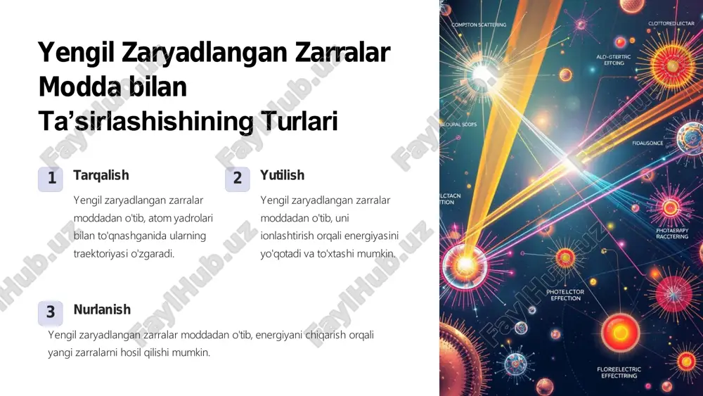 alab qilmaydi, bu esa issiqlikka sezgir materiallar uchun xavfsizdir. yengil zaryadlangan zarralar tibbiyotda kompyuter tomografiyasi (kt) texnologiyasida muhim rol o‘ynaydi. kt diagnostika usulida zaryadlangan zarralarning xususiyatlari asosida rentgen nurlarini hosil qilish va ularni inson tanasining ichki tuzilmalarini tasvirlash uchun ishlatiladi. kt texnologiyasining ishlash mexanizmi kt tananing turli qismidan o‘tuvchi rentgen nurlarini qayd etadi va ularning intensivligiga qarab ichki strukturalarning uch o‘lchamli tasvirini yaratadi. bu jarayonda elektronlar asosiy rol o‘ynaydi. 1. rentgen nurlarining hosil bo‘lishi • kt apparatining asosiy komponenti bo‘lgan rentgen naychasi elektr energiyasidan foydalanadi. • naychada yuqori energiyali elektronlar metall anod (odatda volfram) bilan to‘qnashadi va bremsstrahlung (tormozlanish nurlanishi) jarayoni orqali rentgen nurlari chiqaradi. • ushbu nurlar tanadan o‘tib, turli to‘qimalar orqali har xil darajada so‘riladi. 2. to‘qimalarning rentgen nurlariga ta’siri • rentgen nurlari turli zichlikdagi to‘qimalar orqali o‘tadi. masalan: • suyak: juda zich bo‘lgani uchun ko‘p miqdorda rentgen nurlarini yutadi (oq rangda ko‘rinadi). • yumshoq to‘qima: rentgen nurlarini …