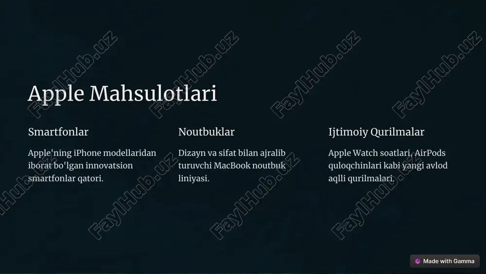 a dasturiy ta'minot ekotizimini kengaytirish rejalarini amalga oshiradi. https://gamma.app/?utm_source=made-with-gamma xulosa va takliflar apple kompaniyasi jahon miqyosida texnologiya sohasida yetakchi o'ringa ega. u o'zining innovatsion mahsulotlari, marketing strategiyasi va kuchli tashkiliy tuzilishi bilan ajralib turadi. biroq, kompaniya ayrim muammolar bilan ham to'qnash kelmoqda. apple rahbariyati bu muammolarni bartaraf etish va kompaniyani yanada rivojlantirish uchun rejalarga ega. https://gamma.app/?utm_source=made-with-gamma