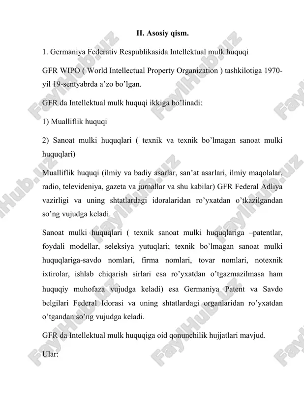 rtibga soladi. -”savdo belgilari va boshqa belgilarni himoya qilish to’g’risida” gi qonun 160 moddadan iborat. ushbu hujjat 1994-yil 25-oktyabrda qabul qilingan. oxirgi marta o’zgarishga uchragan 2023-yil 8-oktyabr. savdo belgilari, tovar nomlari, firma nomlari sohasidagi munosabatlarni tartibga soladi. -”tijorat sirlarini himoya qilish to’g’risida”gi qonun 23 moddadan iborat. ushbu hujjat 2019-yil 18-aprelda qabul qilingan. oshkor etilmagan ishlab chiqarish sirlari (nau-hau) ya’ni tijorat sirlari sohasidagi munosabatlarni tartibga soladi. -”nohaq raqobatga qarshi kurashish to’g’risida” gi qonun 22 moddadan iborat. ushbu hujjat 2010-yil 3-martda qabul qilingan. bu qonundan oldin 1896-yil 27-mayda qabul qilingan “adolatsiz raqobatga qarshi kurshish to’g’risida” gi qonun amal qilgan. ushbu hujjatlar mazmunan o’xshash. nohaq raqobatga qarshi kurashish sohasidagi munosabatlarni tartibga soladi. germaniya federal jinoyat kodeksining maxsus qism 15-bo’lim “shaxsiy hayot va maxfiy ma’lumotlarni buzish jinoyatlari” 26-bo’lim “ raqobatga qarshi jinoyatlar” kabi federal jinoyat normalari bilan tartibga solinadi. ushbu normalardagi sanksiyalar 3 oydan 10 yilgacha muddatdagi qamoq jazosi yoki minimal qiymati 100 yevrodan …
