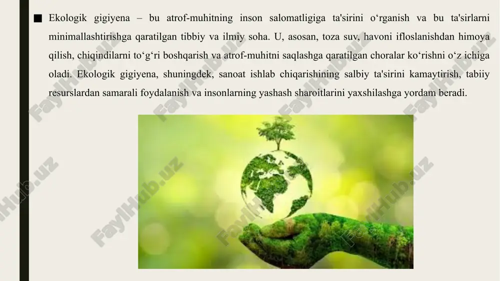 n, qayta tiklanadigan energiya tizimlariga sarmoya kiritish nafaqat atrof-muhitga foydali, balki yangi ish o'rinlarini yaratadi va uzoq muddatda iqtisodiy samaradorlikni oshiradi. resurslarni tejash: yashil iqtisodiyot ishlab chiqarishda resurslardan samarali foydalanishni ta'minlaydi, chiqindilarni kamaytiradi va qayta ishlashni rivojlantiradi. misol uchun, plastmassa va metall chiqindilarini qayta ishlash sanoatining rivojlanishi iqtisodiy o'sishga hissa qo'shadi, shuningdek, atrof-muhitni ifloslanishdan saqlaydi. ish o'rinlari yaratish: yashil iqtisodiyot orqali yangi texnologiyalar va tarmoqlar rivojlanadi, bu esa yangi ish o'rinlarini yaratishga olib keladi. masalan, ekologik qurilish materiallari va energiya samarali texnologiyalar ishlab chiqarish orqali yangi ish o'rinlari tashkil etiladi. xulosa xulosa qilip aytganda, ekologik gigiyena va yashil iqtisodiyot bir-birini to'ldiruvchi, muhim va zamonaviy tushunchalar hisoblanadi. ekologik gigiyena inson salomatligini saqlashga qaratilgan bo'lib, atrof-muhitning ifloslanishi, sanitariya va boshqa ekologik xavf-xatarlardan himoya qilishni o'z ichiga oladi. bu sohada qabul qilinadigan chora-tadbirlar nafaqat sog'liqni yaxshilashga, balki tabiatni asrashga ham yordam beradi. yashil iqtisodiyot esa iqtisodiy o'sishni ekologik barqarorlik bilan birlashtirishga qaratilgan. u …
