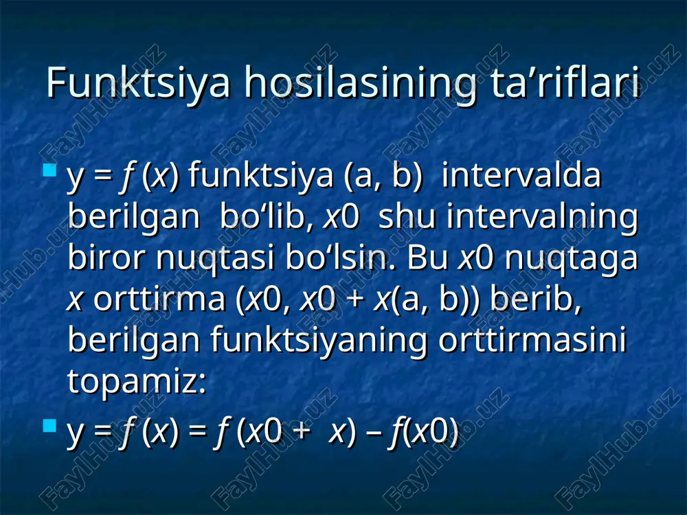 nuqtadagi hosilasi deb qaraladi. odatda bunday xosila hosilasi deb qaraladi. odatda bunday xosila cheksiz hosilacheksiz hosila deyiladi. deyiladi.     x xf x )( lim 0 0     x xf x )( lim 0 0 foydalanilgan adabiyotlar ro‘yhatifoydalanilgan adabiyotlar ro‘yhati 1. saitov y.o. “matematika va matematiklar”.kitobidan. 2. omonov, a. o. o., & haydarov, s. a. (2021). tarix fanini o'rganishda frigiya podsholigining o'rni va ahamiyati. scientific progress, 1(5). 3. turg’unboyeva, m., & haydarov, s. a. (2021). tarix fanini o’qitishda “o’ttiz yillik urush” ning ahamiyati. scientific progress, 1(5). 4. ashirova, n. x. q., & haydarov, s. a. (2021). tarix fanini o’rganishda qadimgi hindiston madaniyatining o’rni va ahamiyati. scientific progress, 1(5). 5. yoriqulov, a. s. o. g. l., & haydarov, s. a. (2021). tarix fanini o’qitishda hind sivilizatsiyasi o’rni. scientific progress, 1(5). 6. rahimberdiyev, a. e. o. g. l., & haydarov, s. a. (2021). tarix fanini o’rganishda elam …