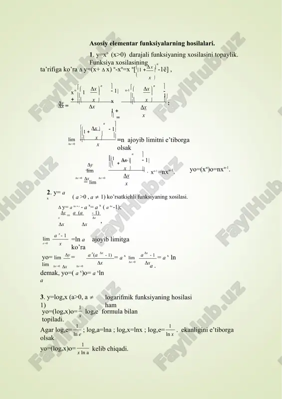 h mumkin: (cosx)o=-sinx ; (tggx) o= sos 2 x sin 2 x 1 1 ; (ctgx) o=- . 5. endi y=arcsinx teskari trigonometrik funksiyaning xosilasini hisoblashni ko’raylik. y=arcsinx funksiya x=siny funksiyaga teskari funksiya bo’lgani uchun, teskari funksiyalarning hosilalariga ko’ra yo=(arcsinx) o= (sin y)' cos y 1 1 1 1 = = = 1  sin 2 y 1  x 2 (arcsinx) o= 1  x 2 1 , (-1<x<1). xuddi shuningdek (arccosx) o=- ; (arctgx) o= ; (arcctgx) o= - 1  x 2 1 1  x 2 1  x 2 1 1 . 6. y=lnx bo’lsa, yo= 1  x' = 1 ; agar y=lnu bo’lib y=f(x) bo’lsa, x x yo=(lnu) o= u' = f ( x)' ; u f ( x) agar y=uv(x)(x) bo’lsa, lny=vlnu – bundan xosila olsak u' =vo∙lnu+v∙ u' , yo=u v[vo∙lnu+v∙ u' ]. u u u differensiallash qoidalari: 5.y=f(u),u= (x),y=f[ (x)] …