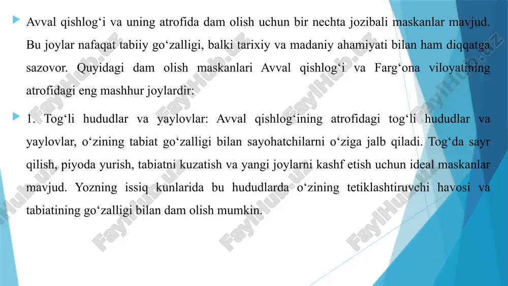 .  farg‘ona vodiysi: avval qishlog‘i farg‘ona vodiysida joylashganligi sababli, bu hududning umumiy tabiiy go‘zalligi, tog‘lar va vodiylar bilan atrofidagi manzaralar ham diqqatga sazovor. farg‘ona vodiysi o‘zining boy tarixi, landshafti va tabiiy resurslari bilan mashhur.  mahalliy bozorlar va hunarmandchilik: avval qishlog‘ining bozor va savdo joylari ham etiborga sazovor. bu yerda mahalliy hunarmandchilik, paxta, ipak va boshqa an'anaviy mahsulotlar sotilmoqda. turistlar uchun bu bozorlar o‘ziga xos sovg‘alar va mahsulotlar sotib olish uchun yaxshi joy hisoblanadi.  qishloq masjidlari va ziyoratgohlar: qishloqning diniy merosi ham diqqatga sazovor. mahalliy masjidlar, ziyoratgohlar va boshqa diniy joylar qishloqning diniy hayoti va madaniyatini aks ettiradi. bu joylar faqat diniy odamlar uchun emas, balki tarixiy va madaniy merosni o‘rganmoqchi bo‘lgan sayohatchilar uchun ham qiziqarli bo‘ladi. mening qishlog'im tarixi reja: slide 3 slide 4 slide 5 slide 6 slide 7 slide 8 slide 9 slide 10